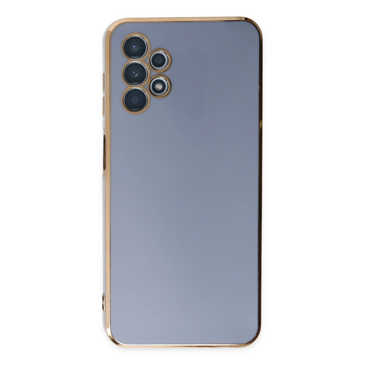 Altın kenarlı, dört lensli gri telefon kılıfı.