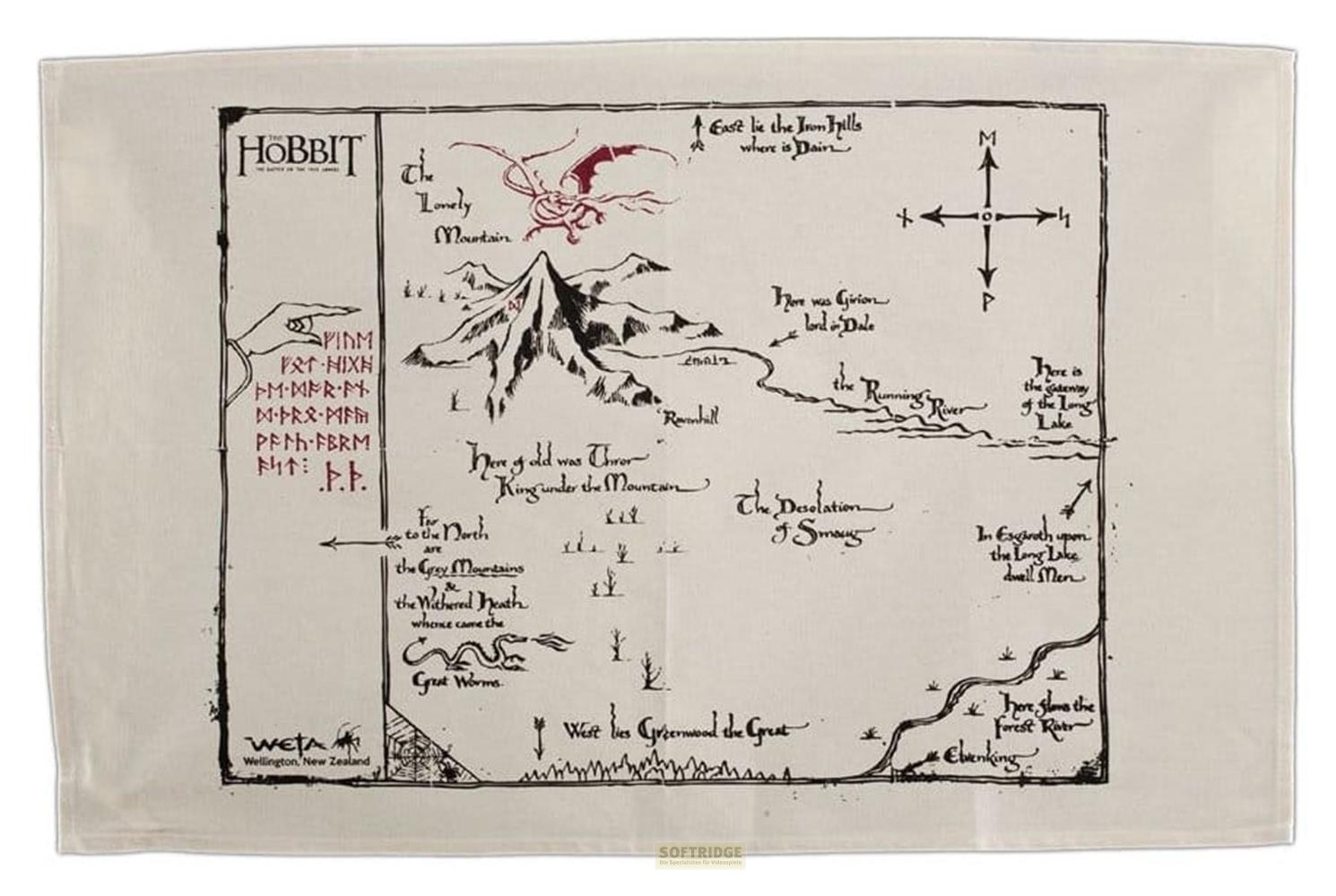 Eine Karte aus dem Hobbit mit dem einsamen Berg, einem Drachen und Runen.