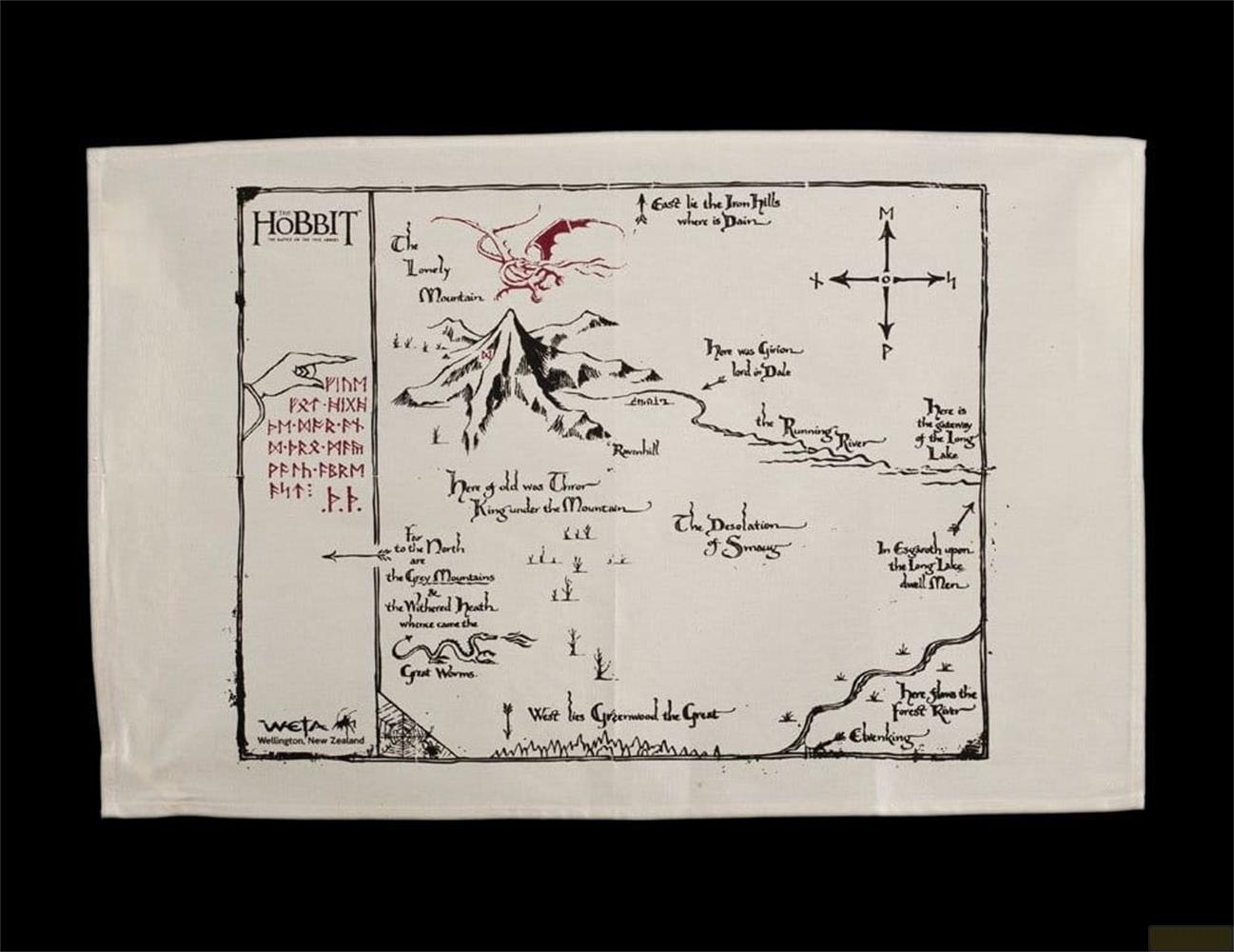 Eine Karte aus dem Hobbit zeigt Berge, Flüsse und Runen. Ein Drache ist abgebildet.