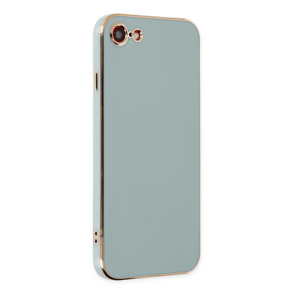 Altın kenarlı, çift kamera açıklıklı açık mavi telefon kılıfı.