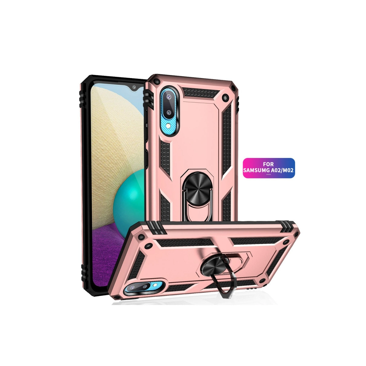 Halka standlı ve görünür ekranlı, roze altın rengi telefon kılıfı.