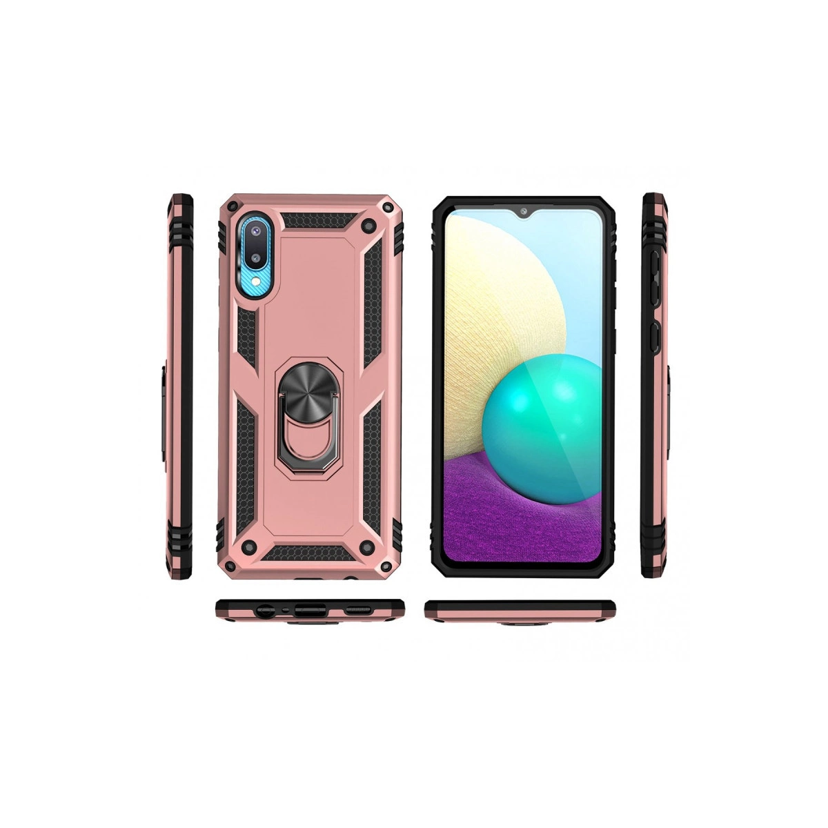 Halka tutuculu ve entegre akıllı telefonlu pembe altın telefon kılıfı.