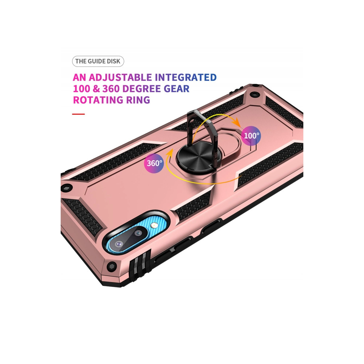100° ve 360° döndürme için entegre halka tutuculu pembe altın telefon kılıfı.