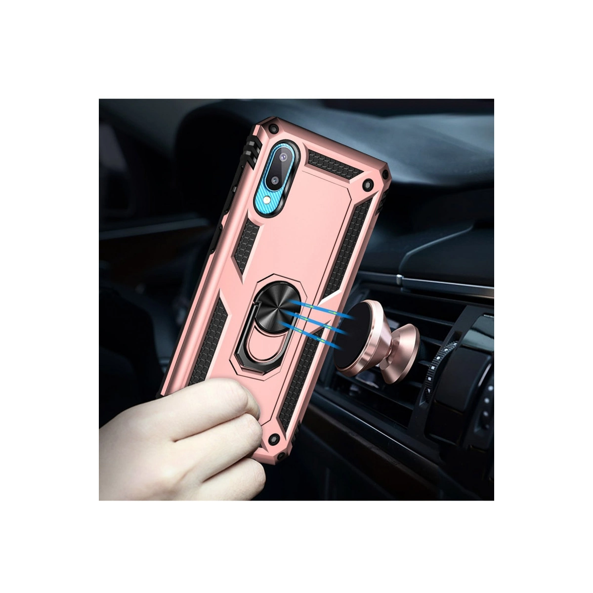 Halka tutuculu rose gold telefon kılıfı, aracın havalandırmasına takılıdır.
