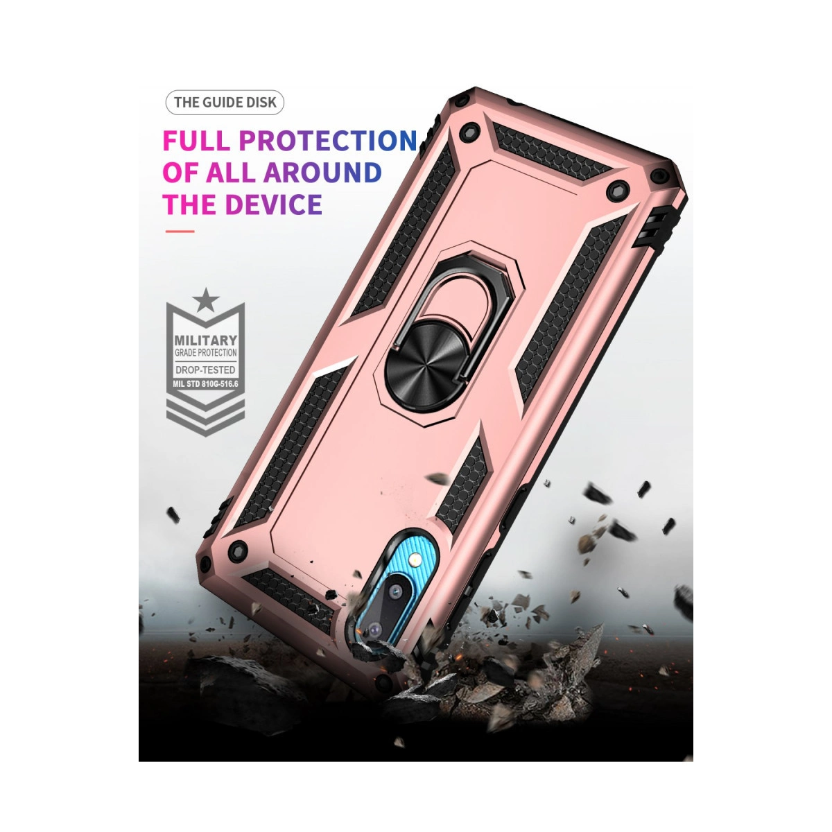 Halka tutuculu pembe altın rengi telefon kılıfı düşüyor.