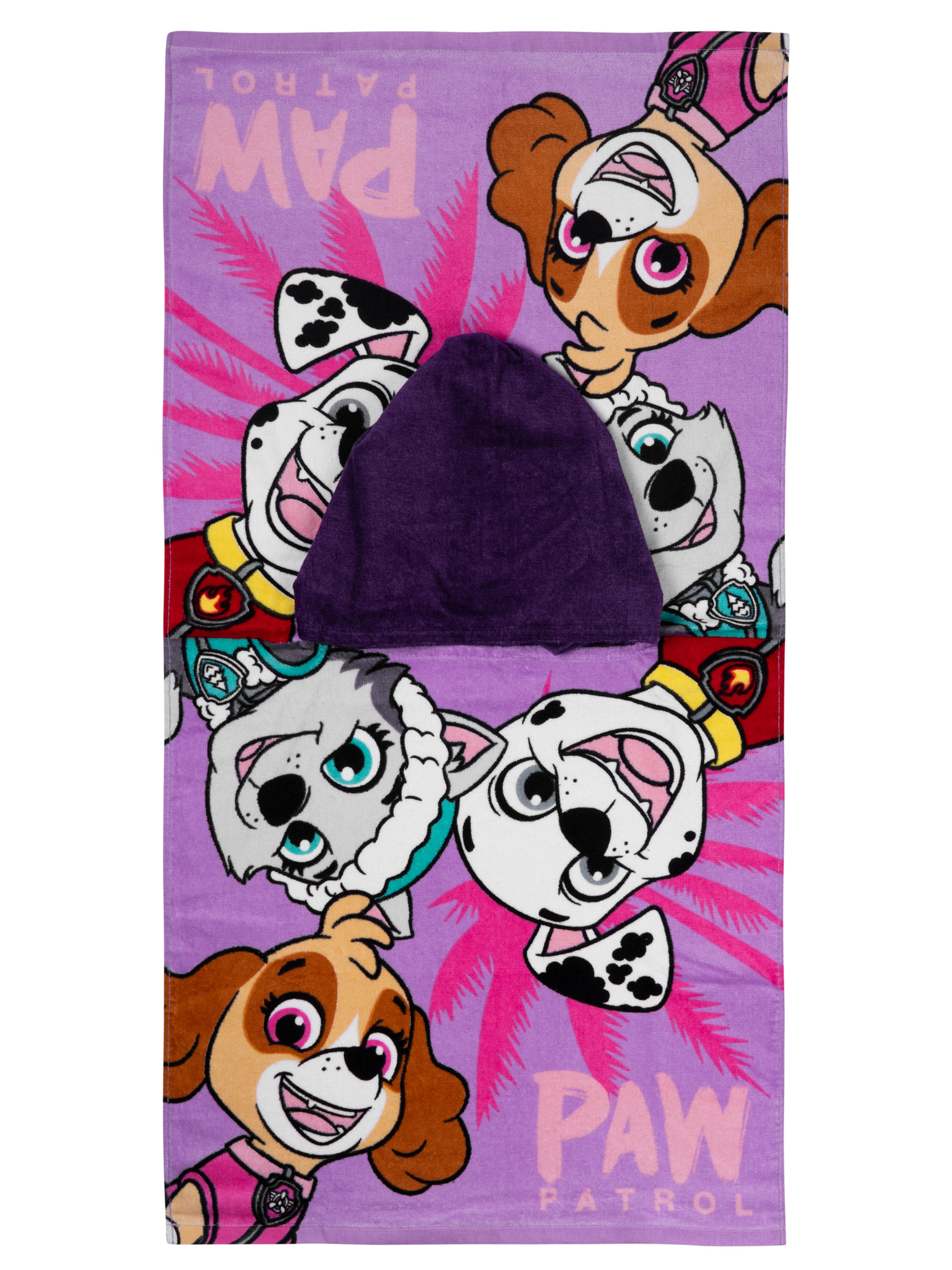Lila Handtuch mit Paw Patrol Hunden und rosa Palmenblättern.