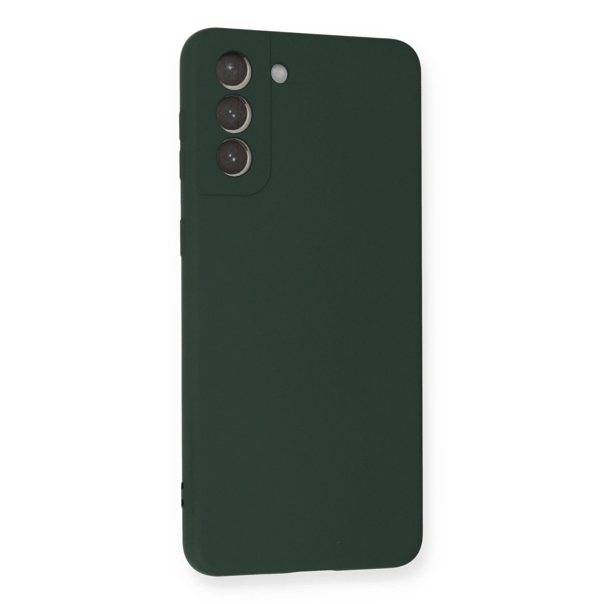 Üç kameralı ve flaşlı koyu yeşil telefon kılıfı.