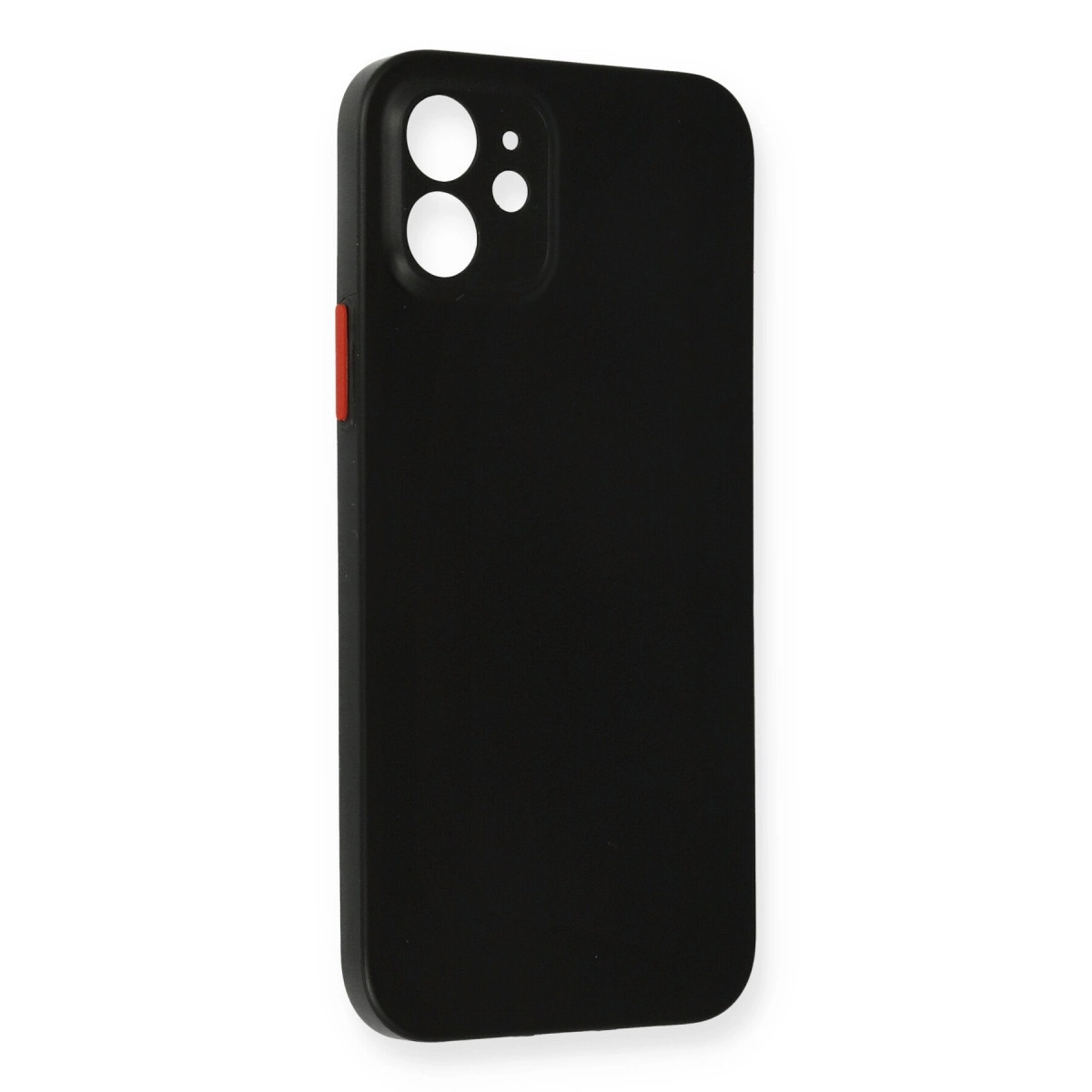 Kırmızı düğmeli ve kamera kesimli siyah telefon kılıfı.