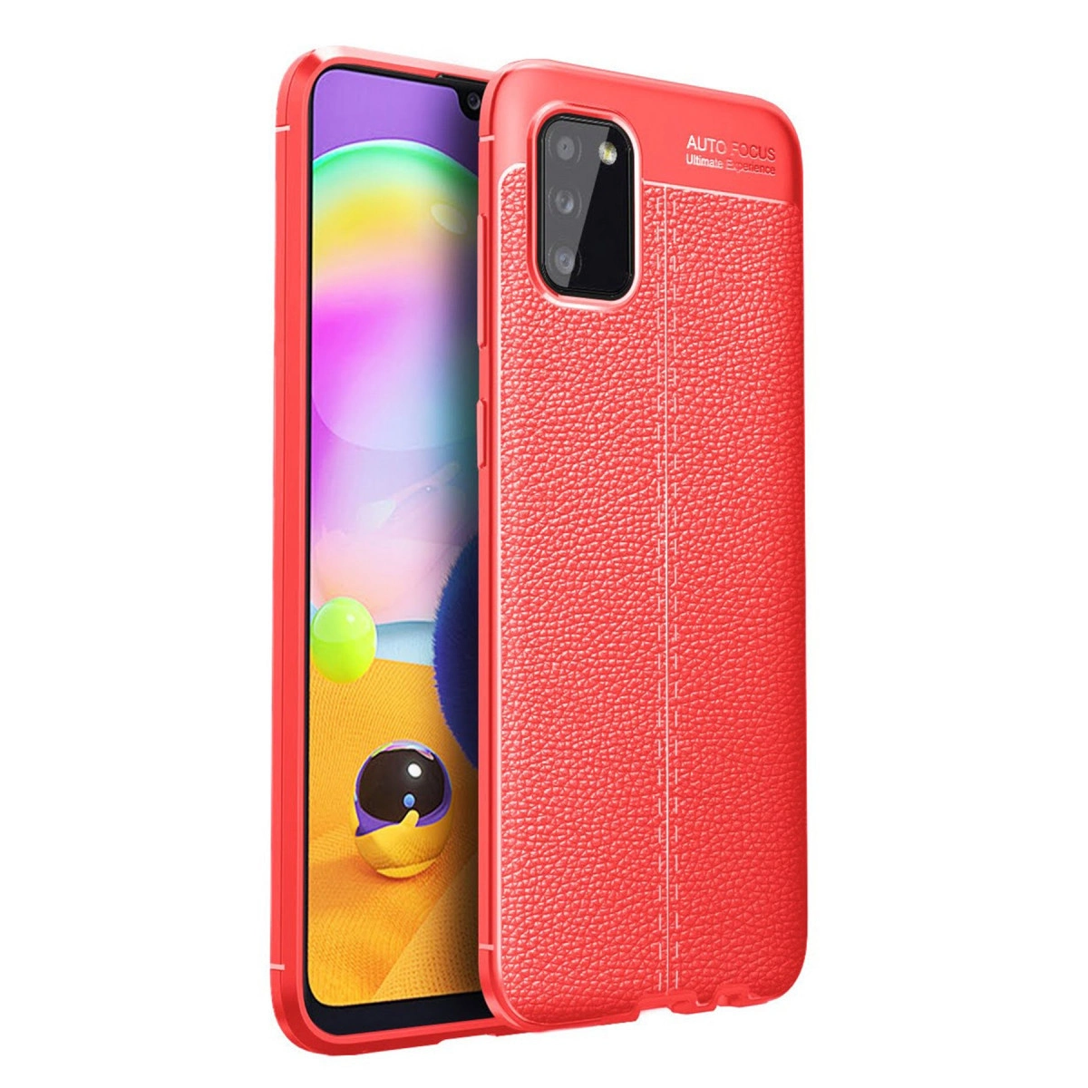 Kamera kesimli kırmızı, deri dokulu telefon kılıfı. Akıllı telefon renkli bir arka plan gösteriyor.