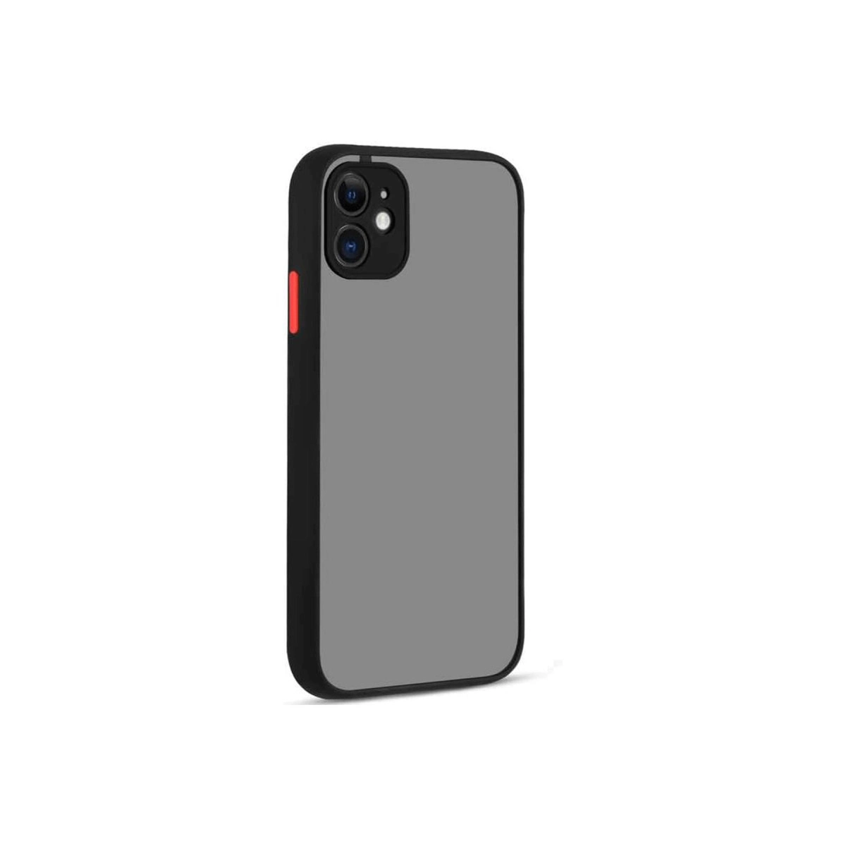 Siyah kenarlı ve kırmızı düğmeli gri telefon kılıfı.