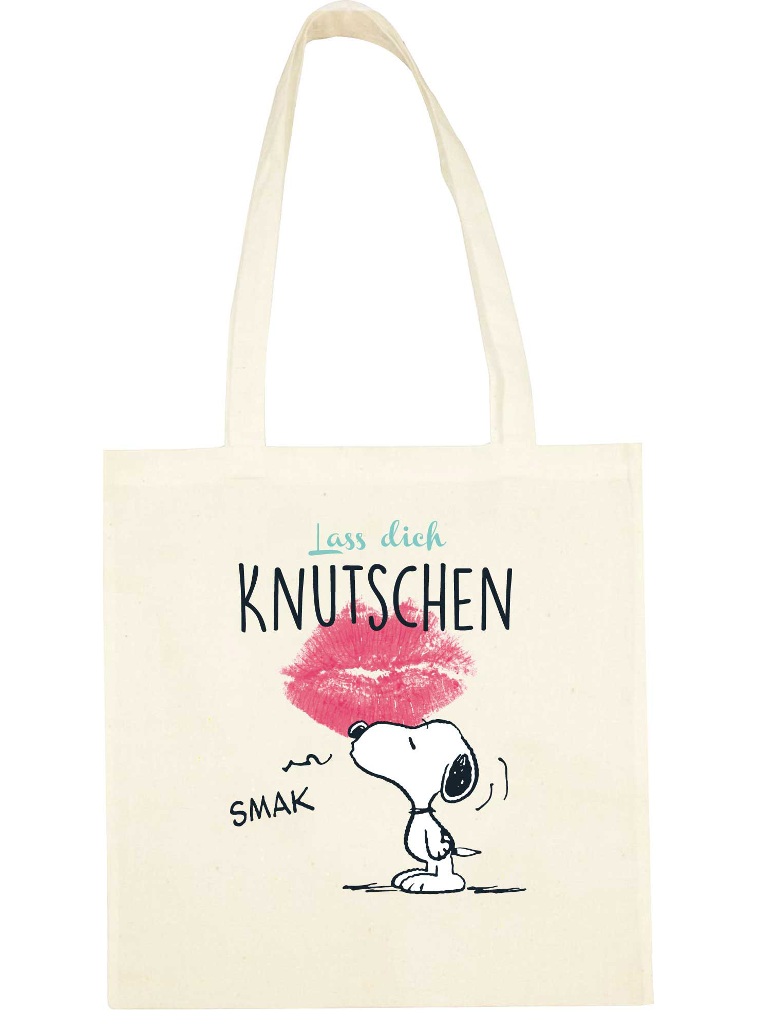 Beiger Stoffbeutel mit Snoopy, Lippenstiftabdruck und Text.