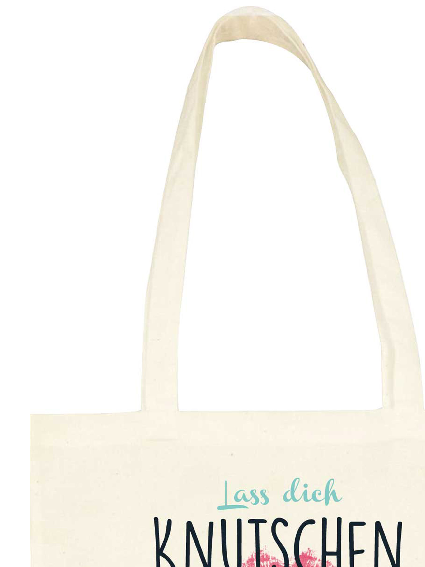 Eine weiße Stofftasche mit Aufdruck 'lass dich knutschen'.