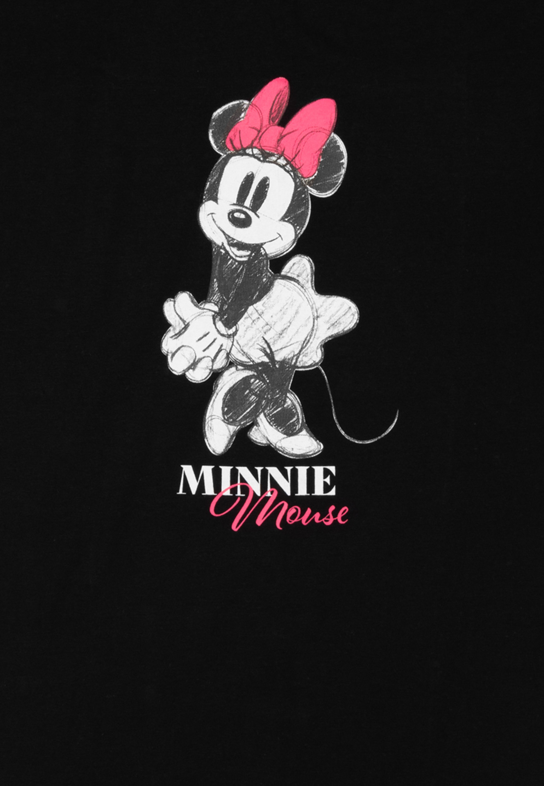 Minnie Maus mit rosa Schleife auf schwarzem Hintergrund.
