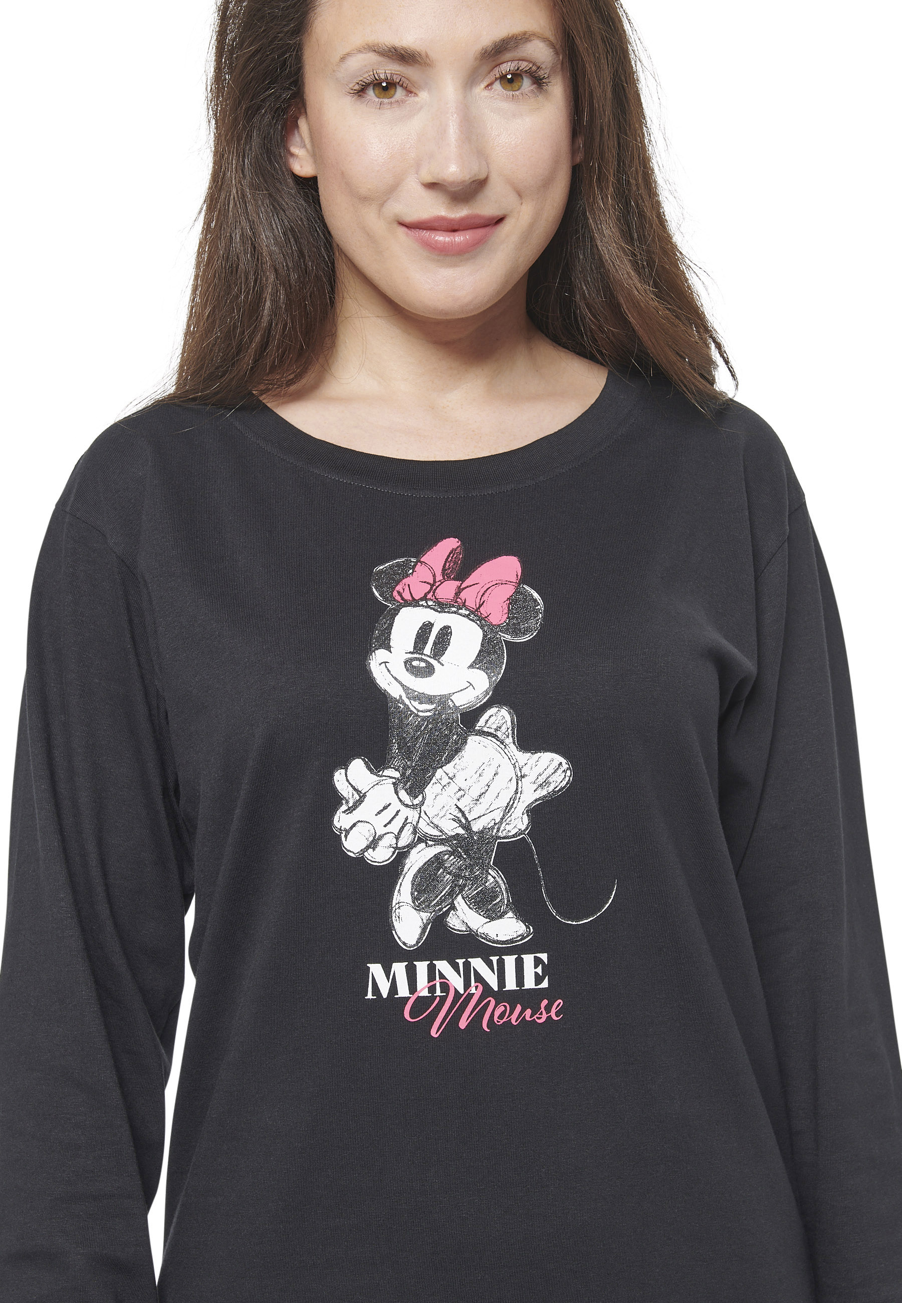Schwarzes Shirt mit Minnie Maus-Aufdruck und pinker Schleife.