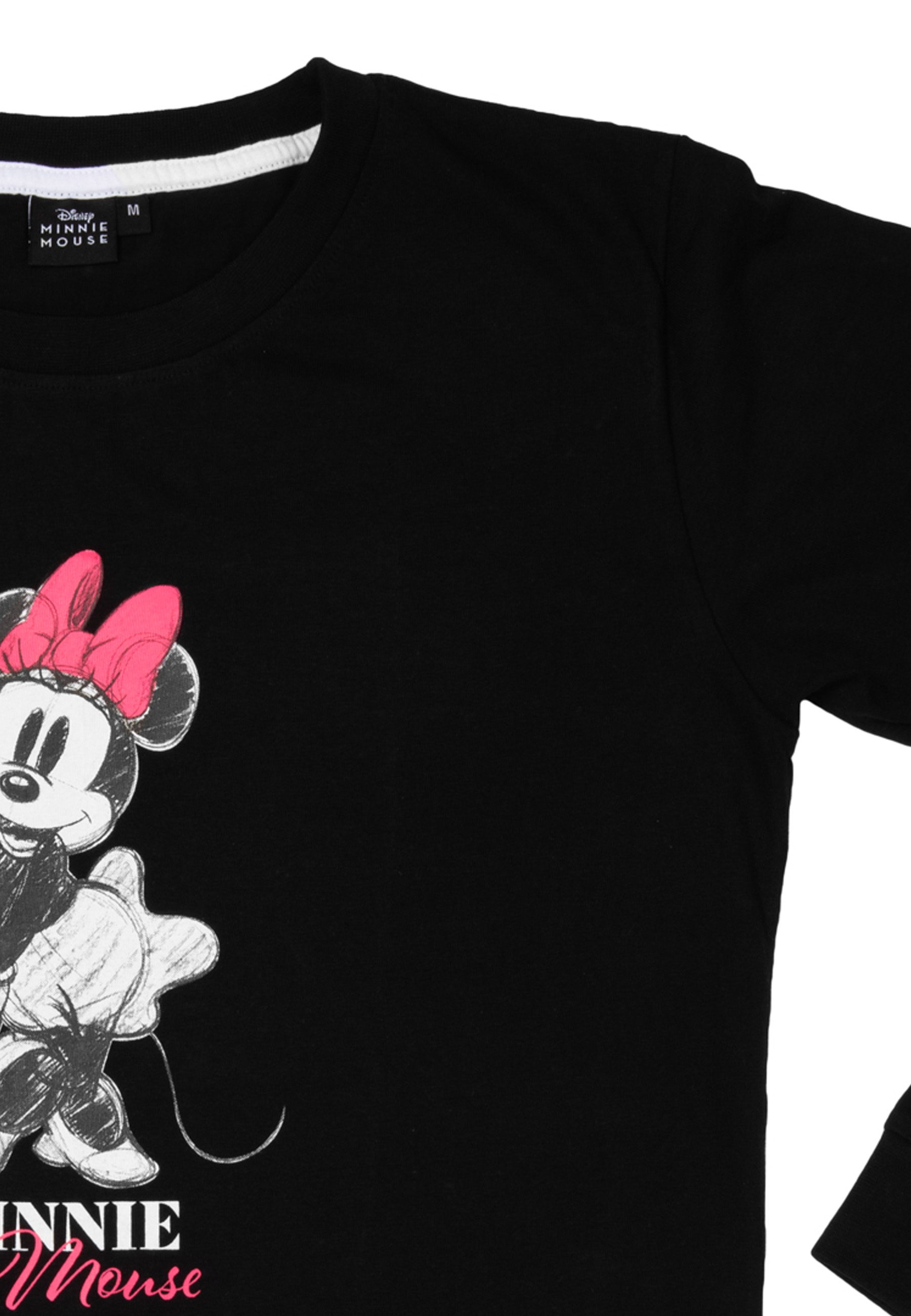 Schwarzes T-Shirt mit Minnie Maus-Aufdruck und pinker Schleife.