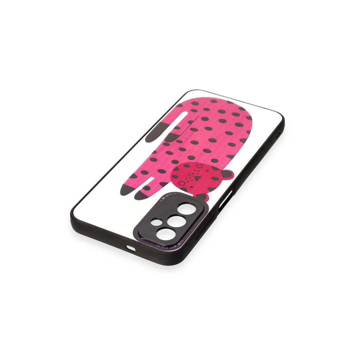 Siyah puantiyeli pembe çizgi film leopar desenli telefon kılıfı.