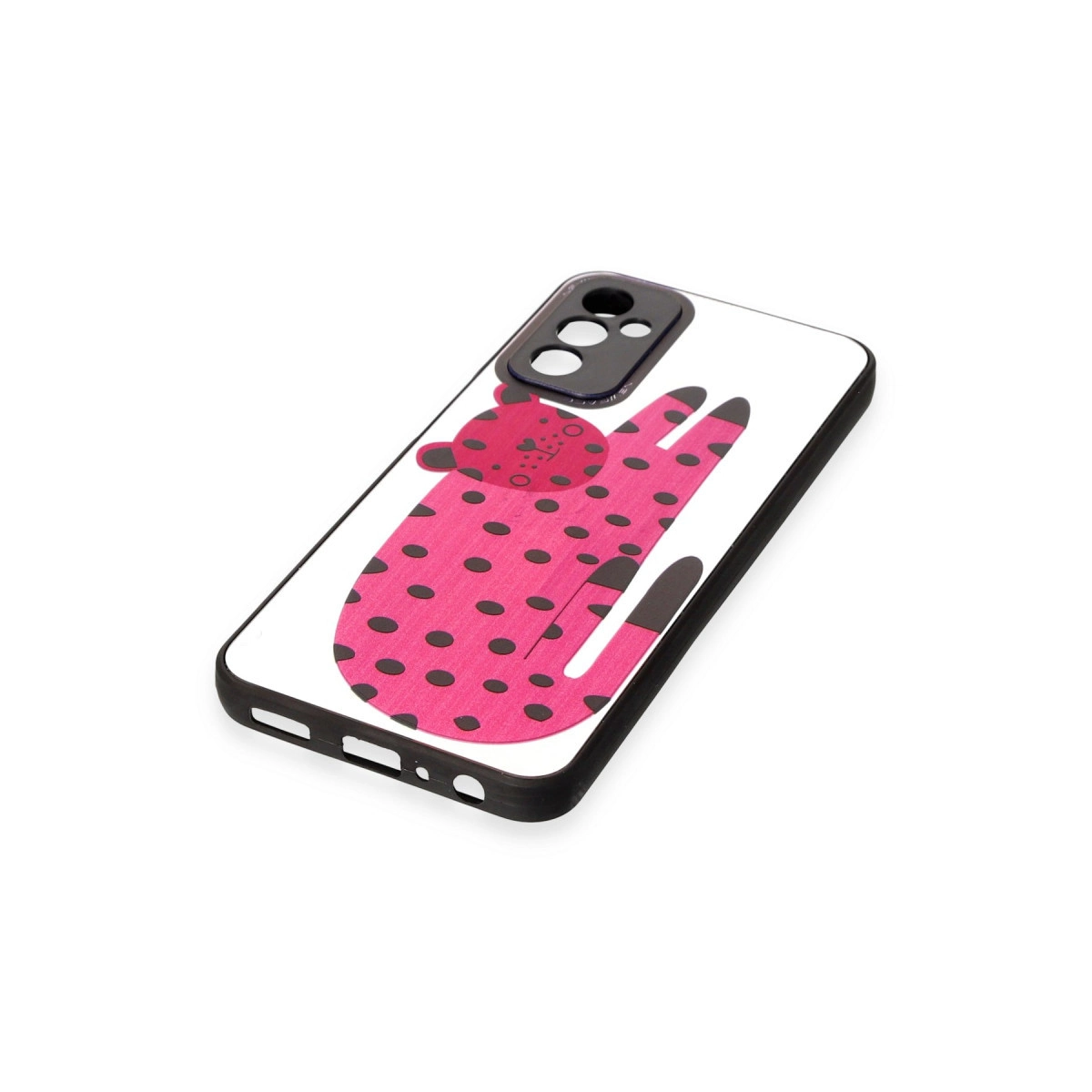 Siyah puantiyeli pembe telefon kılıfı ve sevimli leopar tasarımı.