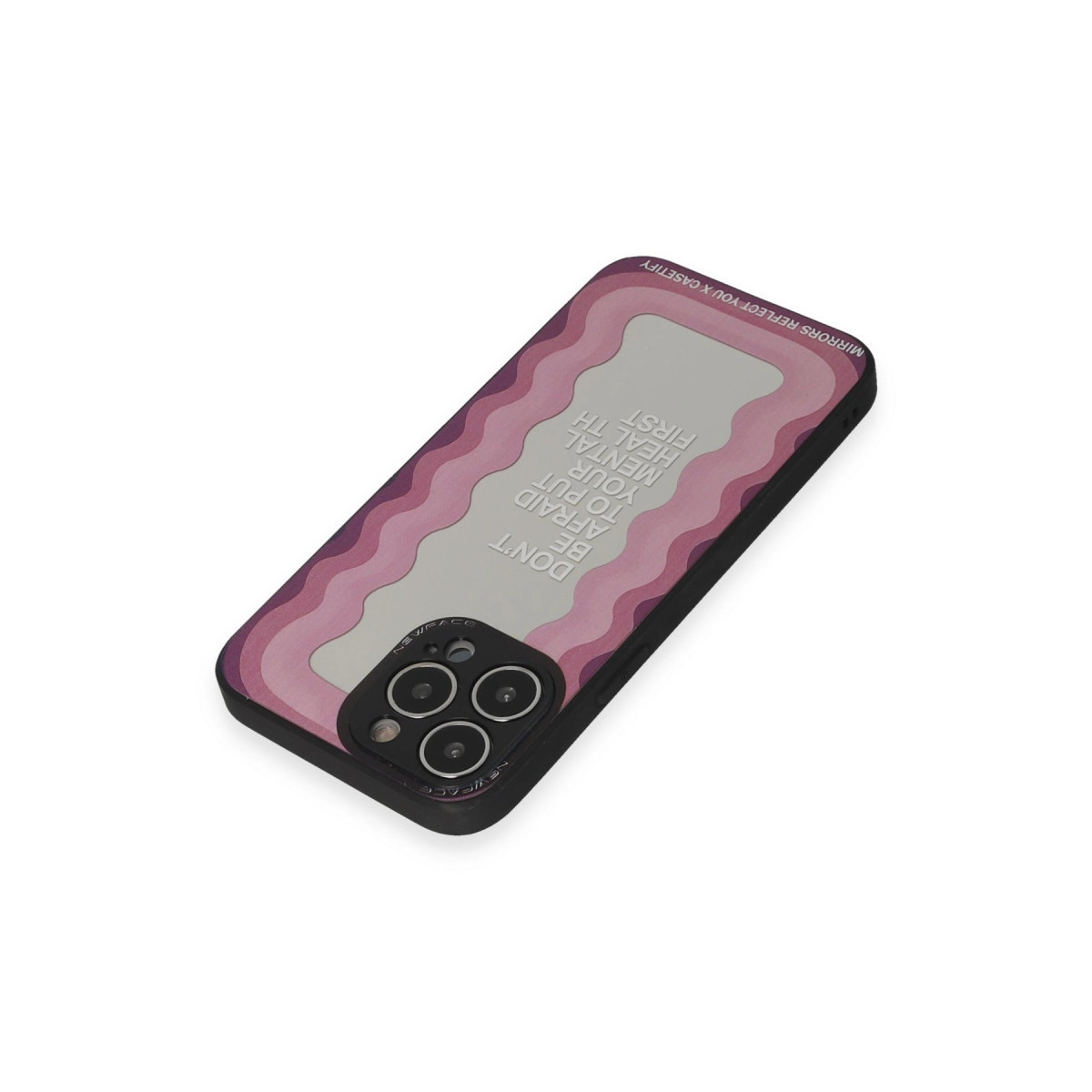 Pembe dalgalı desenli telefon kılıfı ve üzerinde 'Önce akıl sağlığınızı koymaktan korkmayın' yazısı.