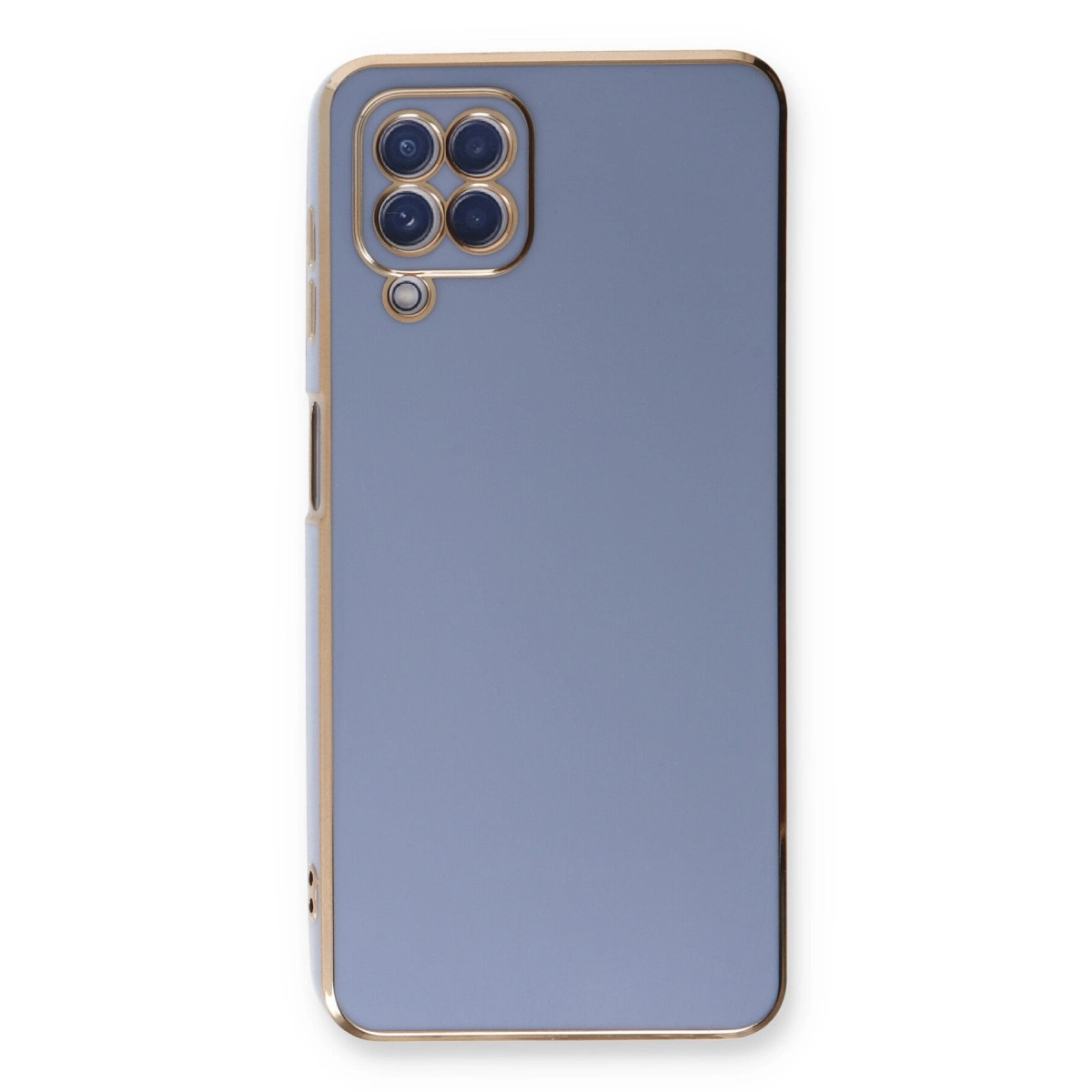 Dört kameralı, altın kenarlı, gri-mavi telefon kılıfı.