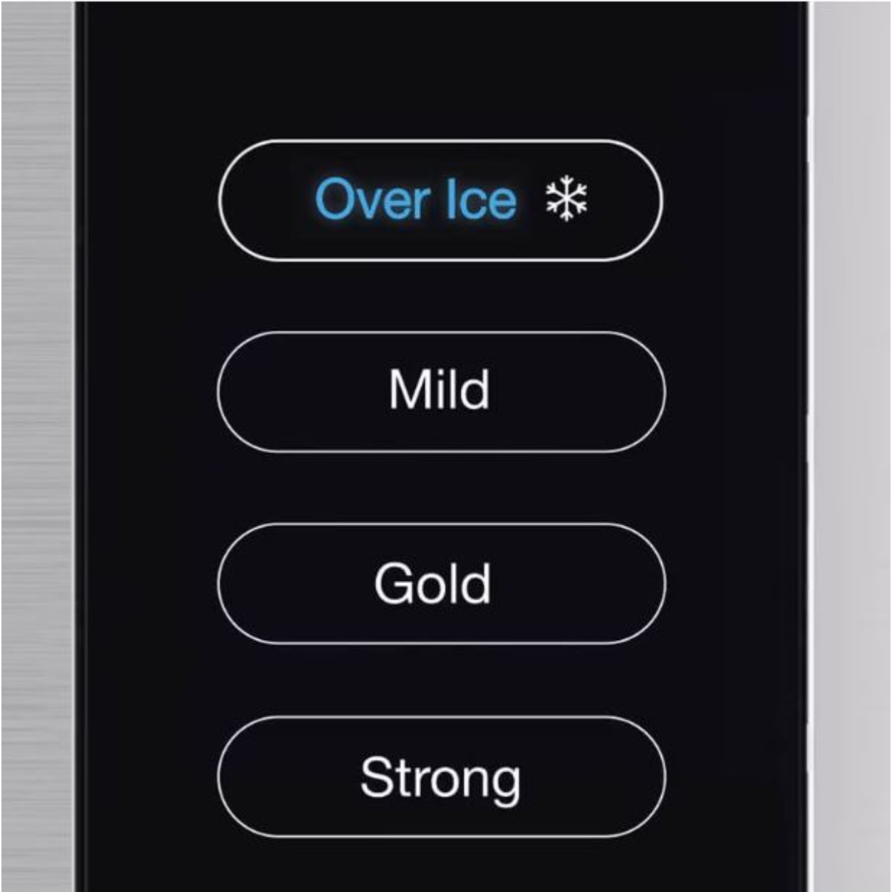 Bedienfeld mit Optionen: Über Eis, Mild, Gold, Stark.