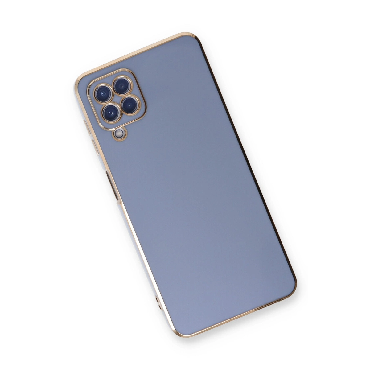 Beyaz arka plan üzerinde altın çerçeveli ve dört kameralı mavi telefon.