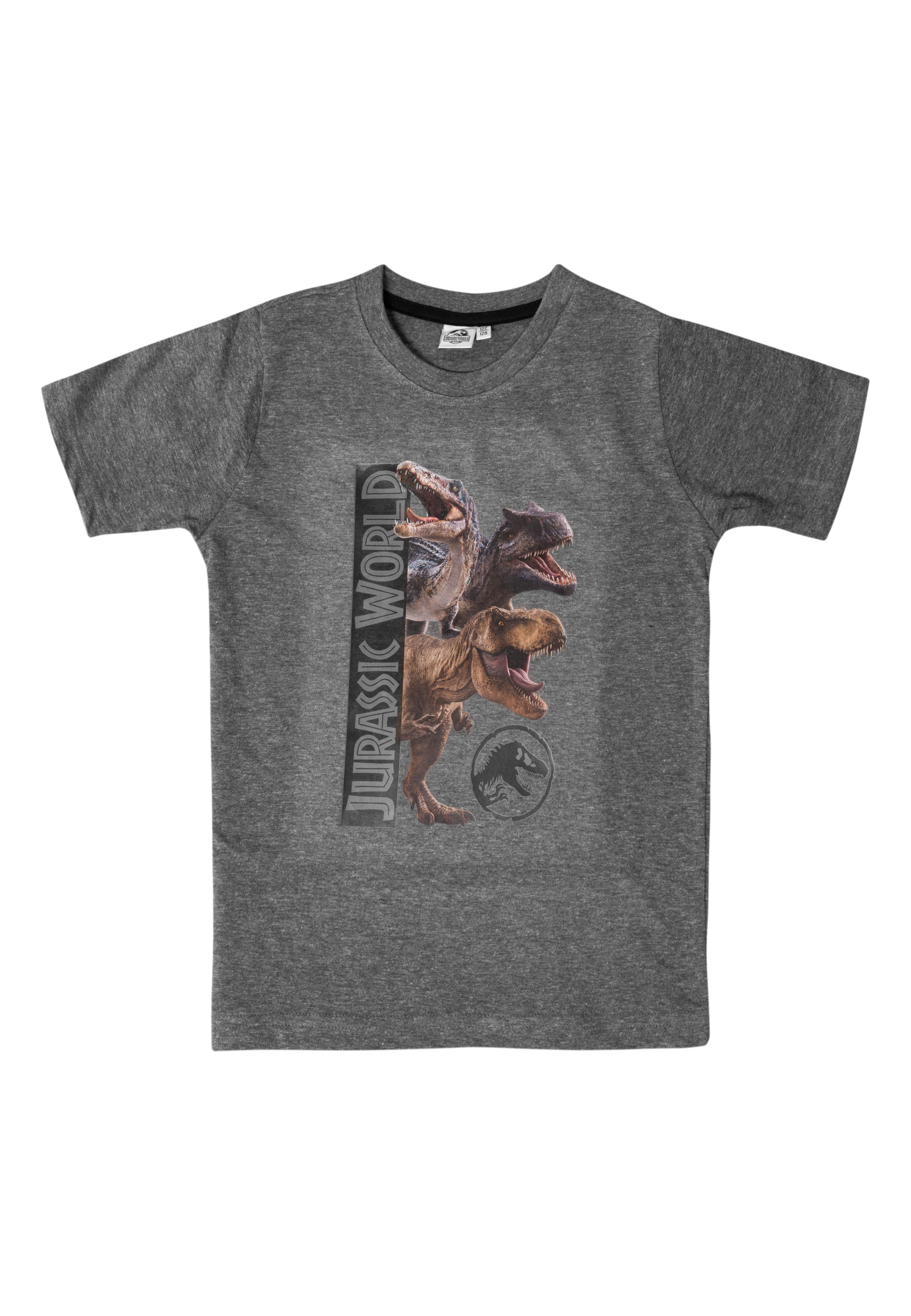 Graues T-Shirt mit Jurassic World-Aufdruck von drei Dinosauriern.