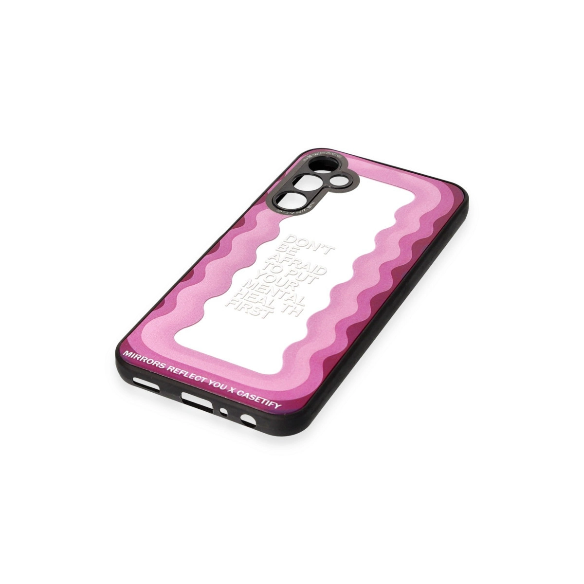 Pembe dalgalı telefon kılıfı, üzerinde 'Ruh sağlığınızı öncelemeye korkmayın' yazıyor.