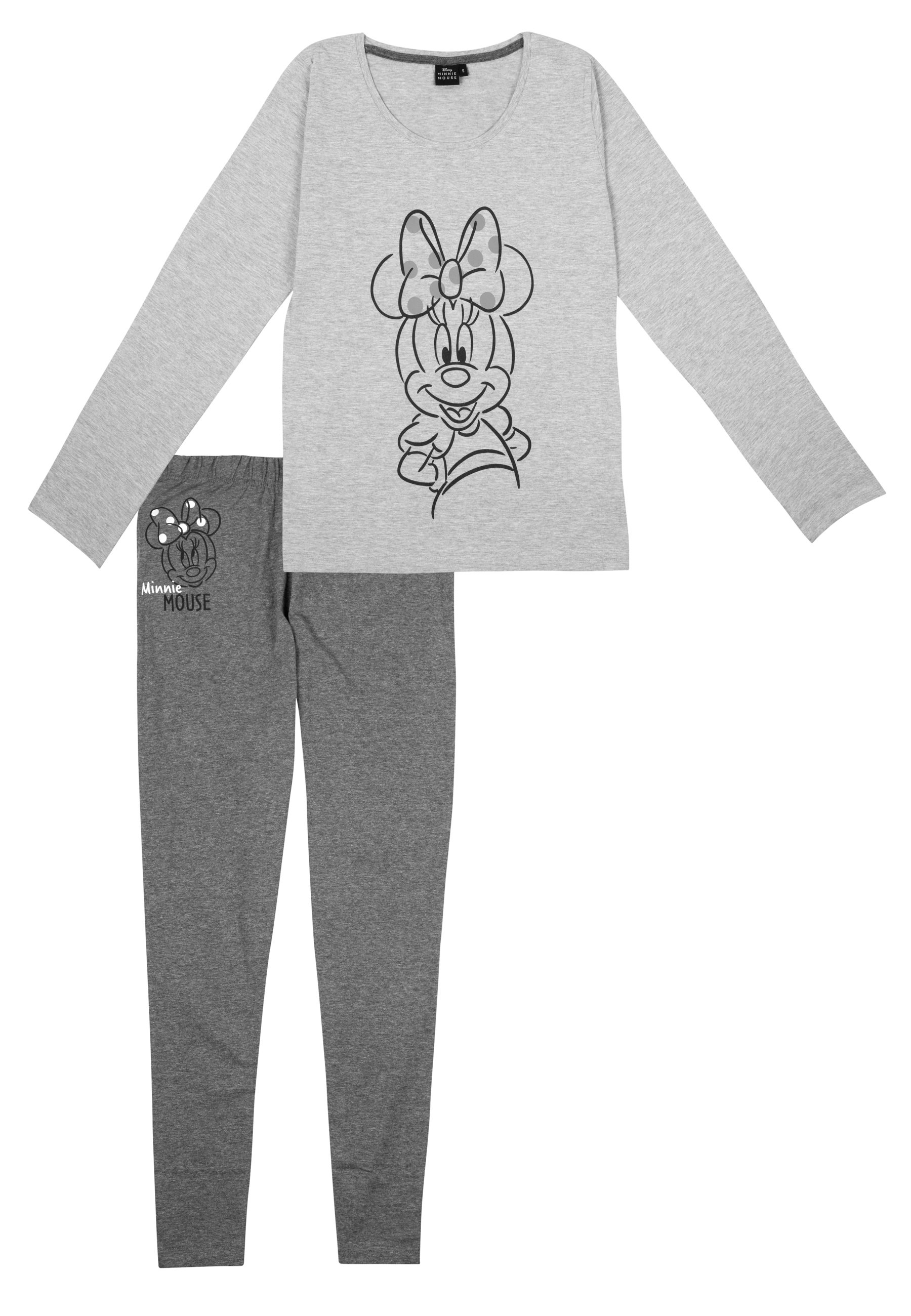 Graues Schlafanzugoberteil mit Minnie Maus Motiv und passende Hose.