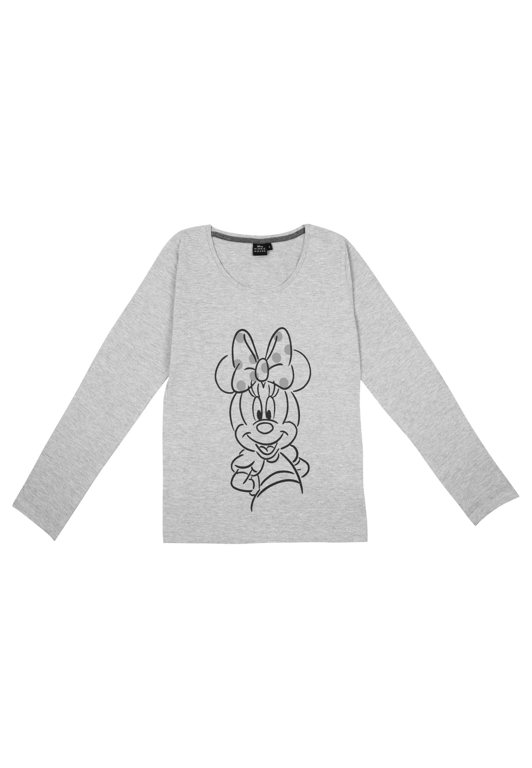 Graues Langarmshirt mit Minnie Maus-Aufdruck und Schleife.