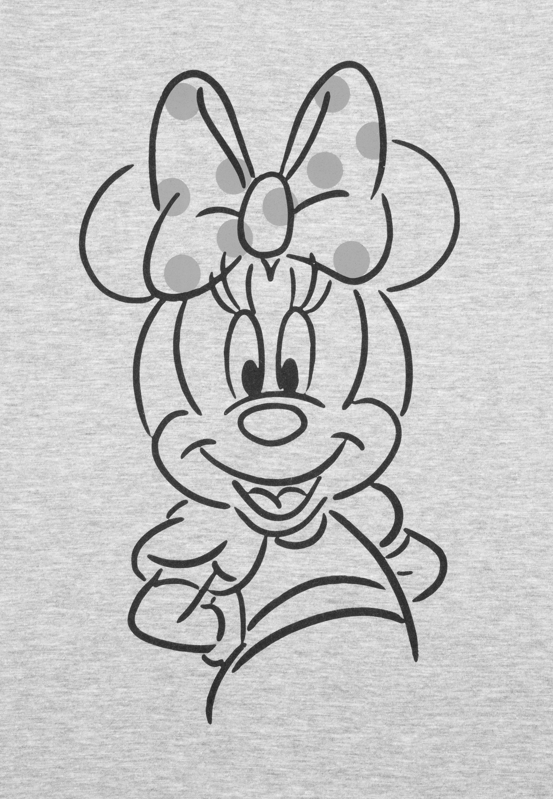 Schwarz-weiße Skizze von Minnie Maus mit gepunkteter Schleife und Kleid.
