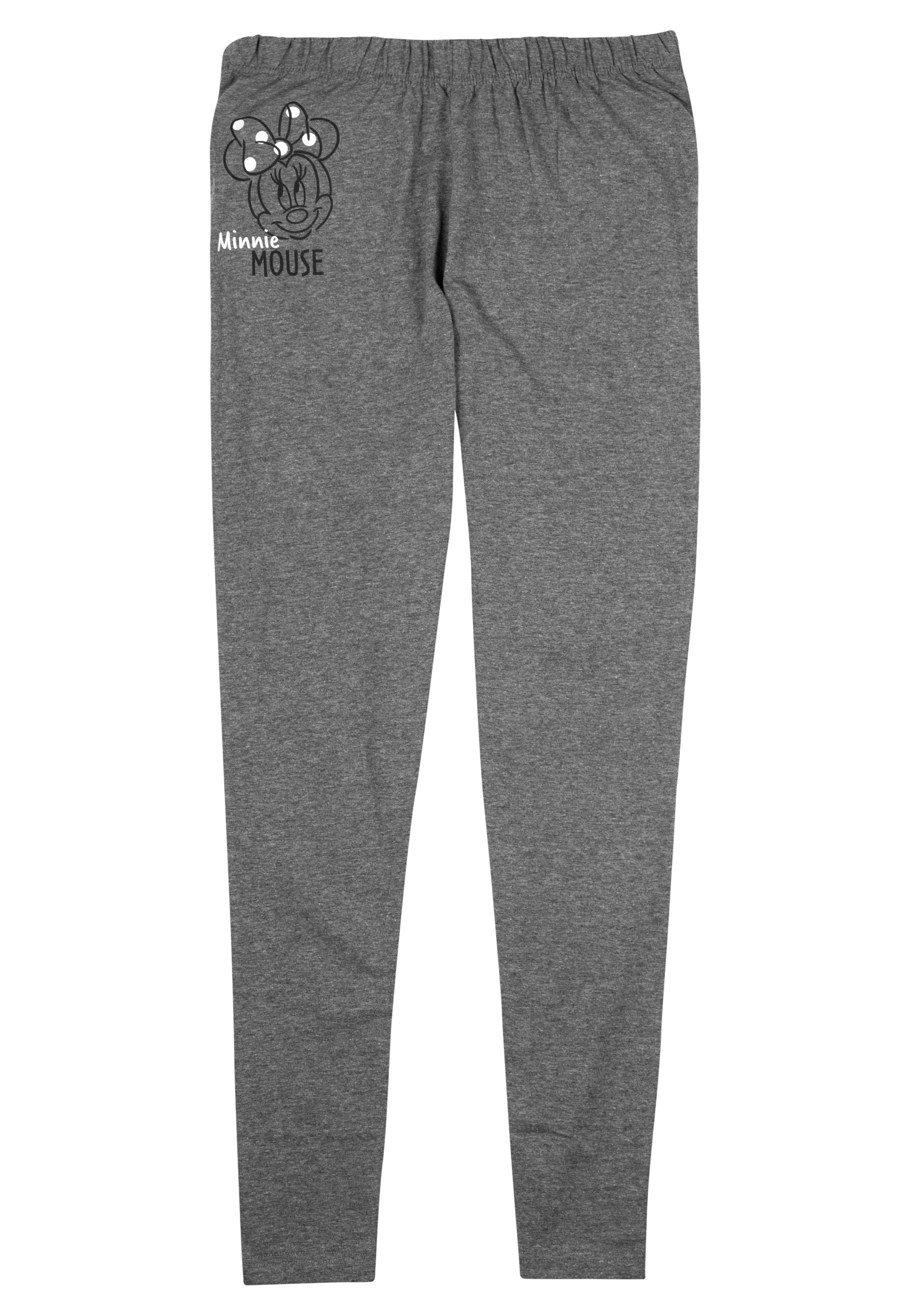 Graue Hose mit Minnie Maus Aufdruck oben links.