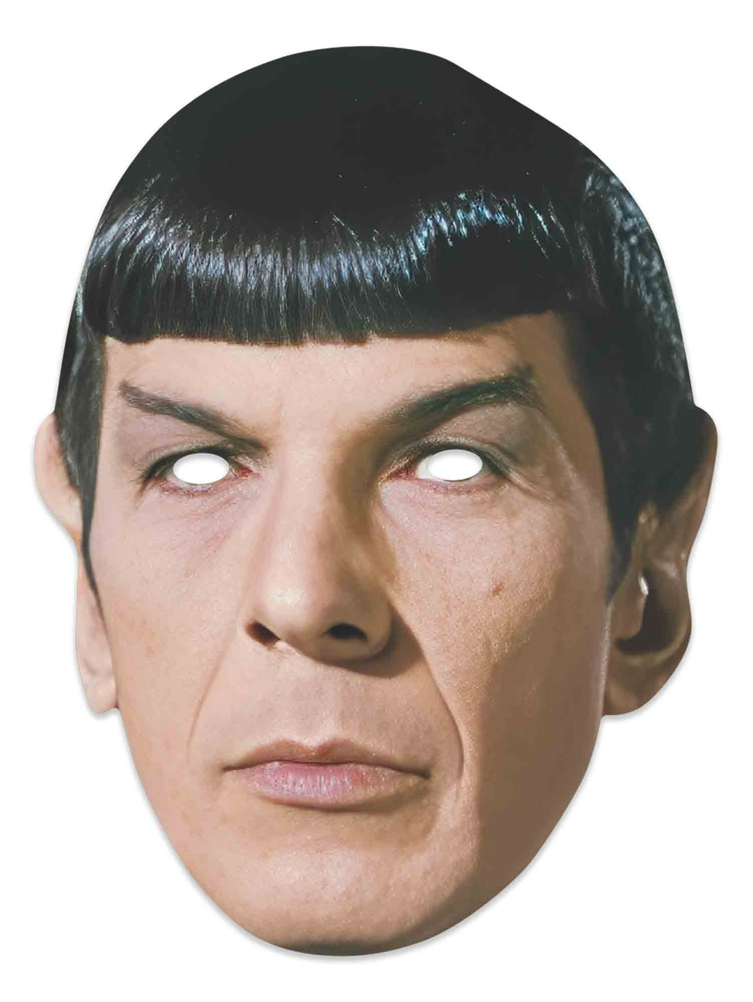 Eine Maske mit dunklem Haar, spitzen Ohren und leeren weißen Augen.