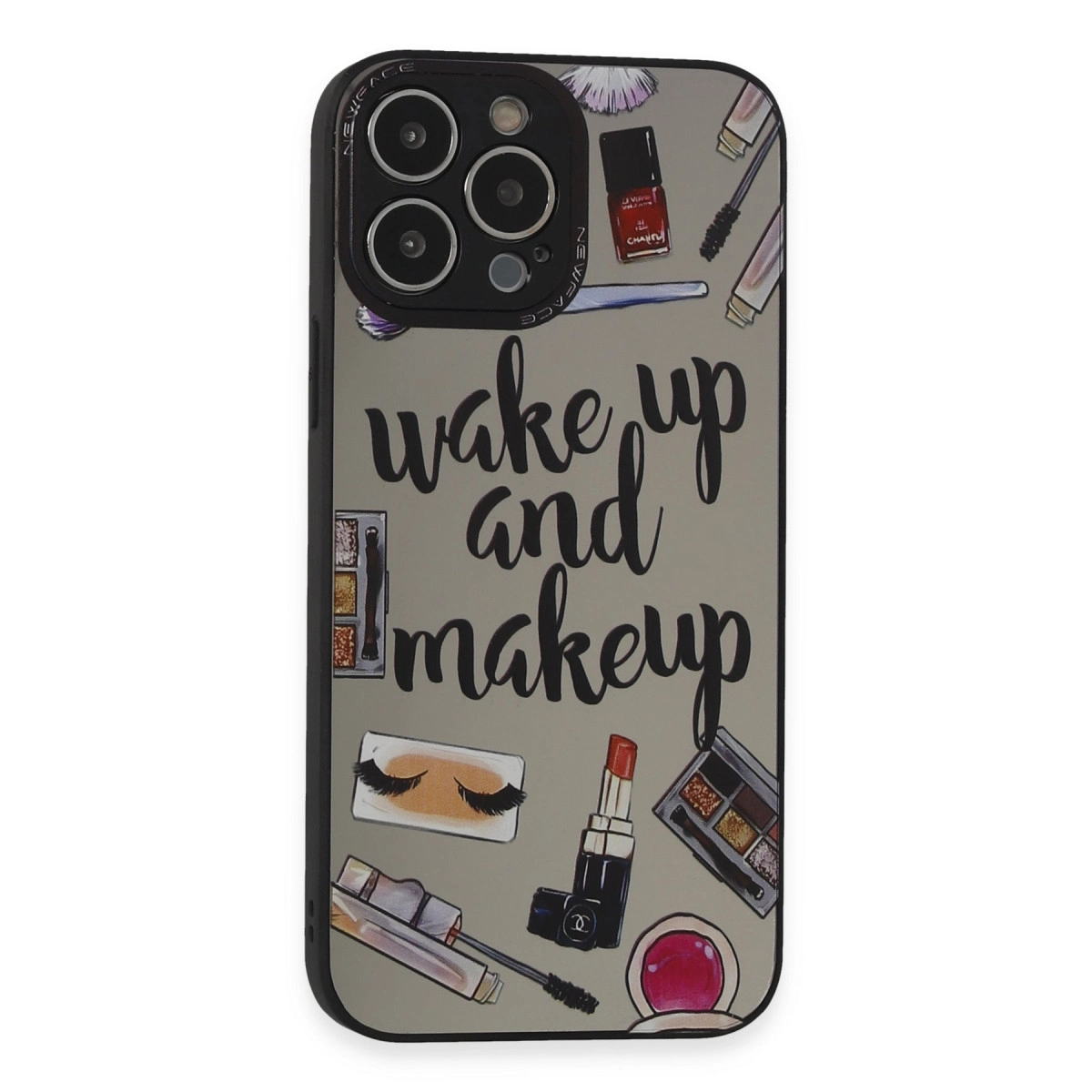 Makyaj çizimleri ve 'Wake up and makeup' yazılı gri telefon kılıfı.