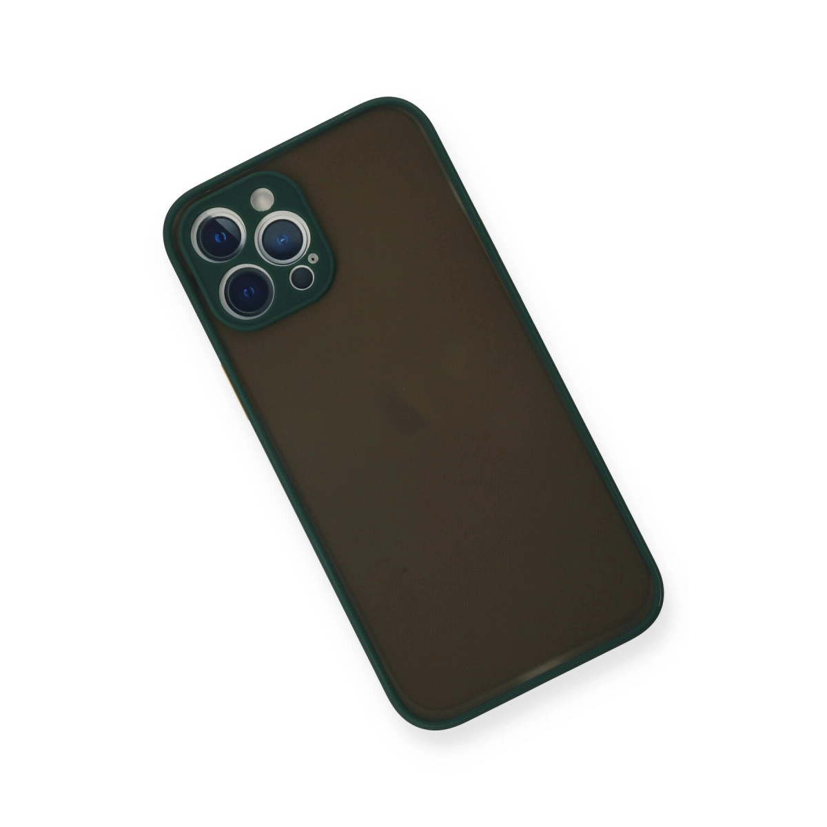 Beyaz arka plan üzerinde üç kameralı, yeşil kenarlı koyu kahverengi telefon.