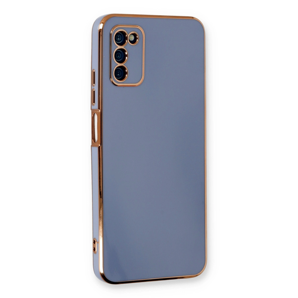 Altın çerçeveli ve kamera kesimli gri telefon kılıfı.