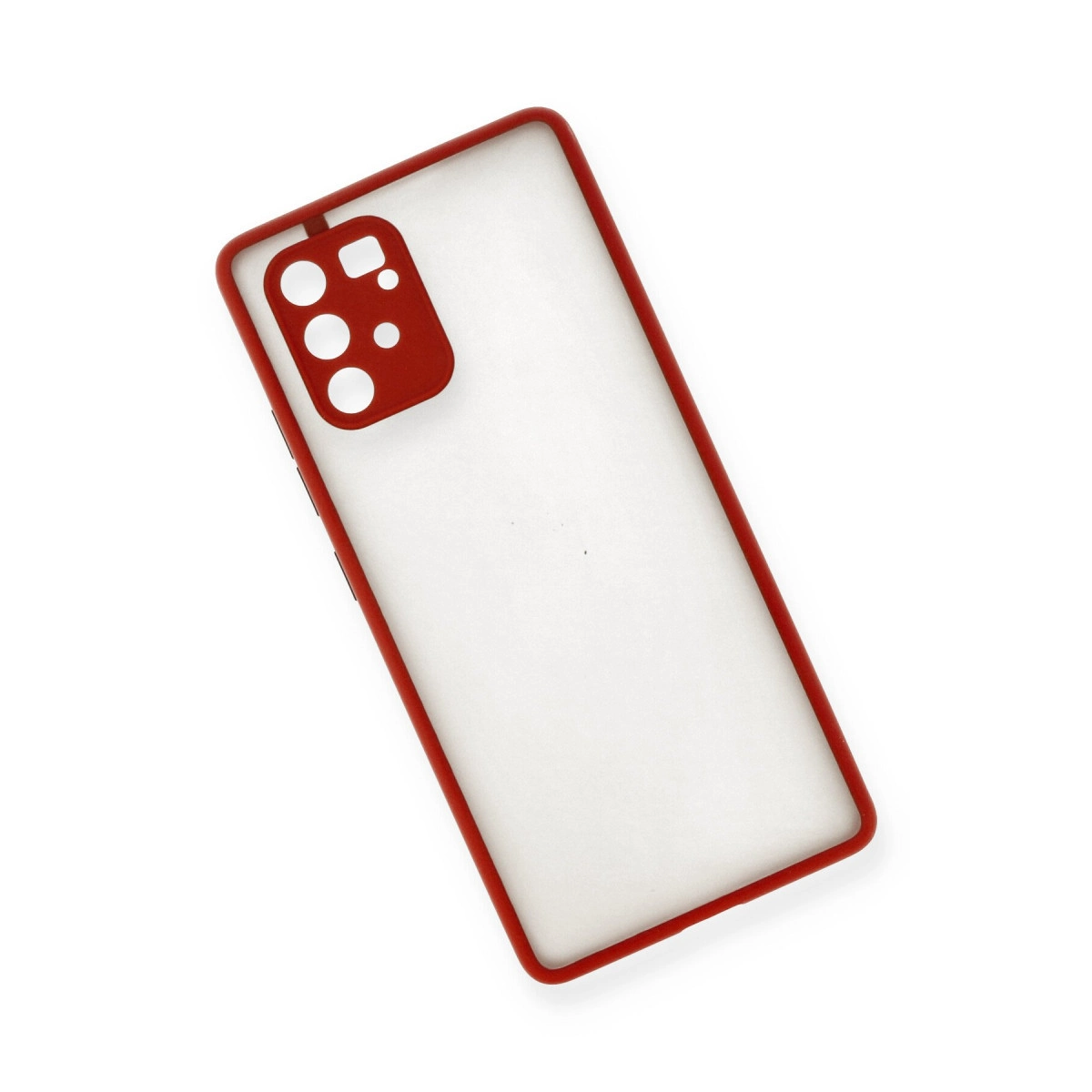 Kırmızı kenarlı ve kamera kesimli şeffaf telefon kılıfı.