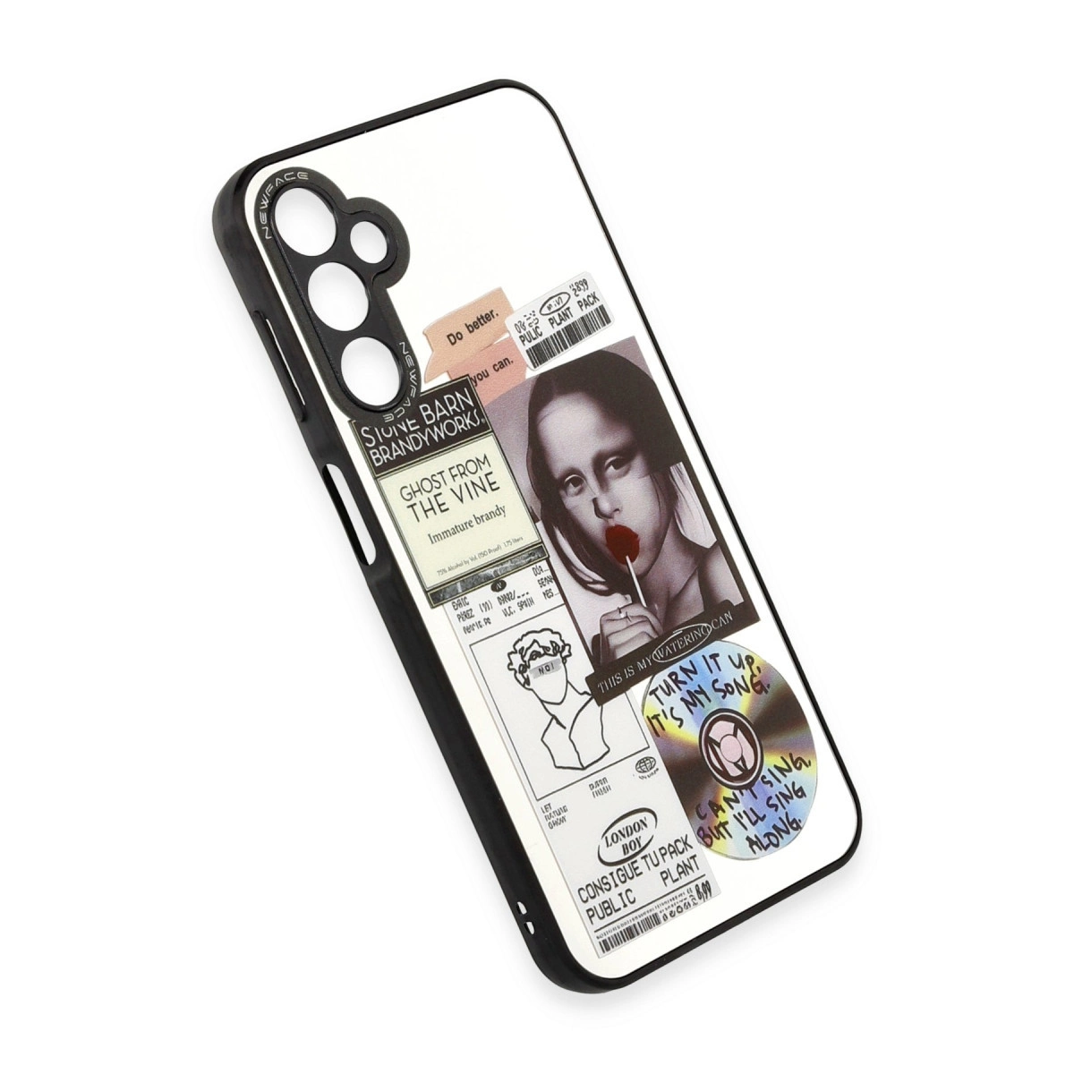 Mona Lisa, CD ve metin parçacıkları kolajlı telefon kılıfı.