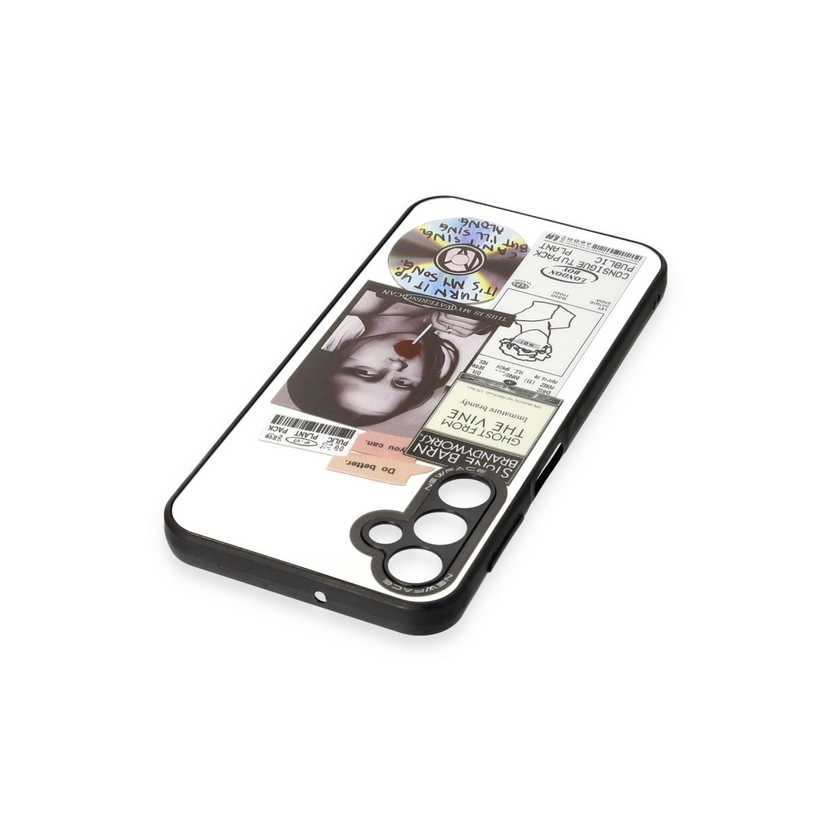 Portre ve yazı içeren çeşitli çıkartmalarla süslenmiş telefon kılıfı.
