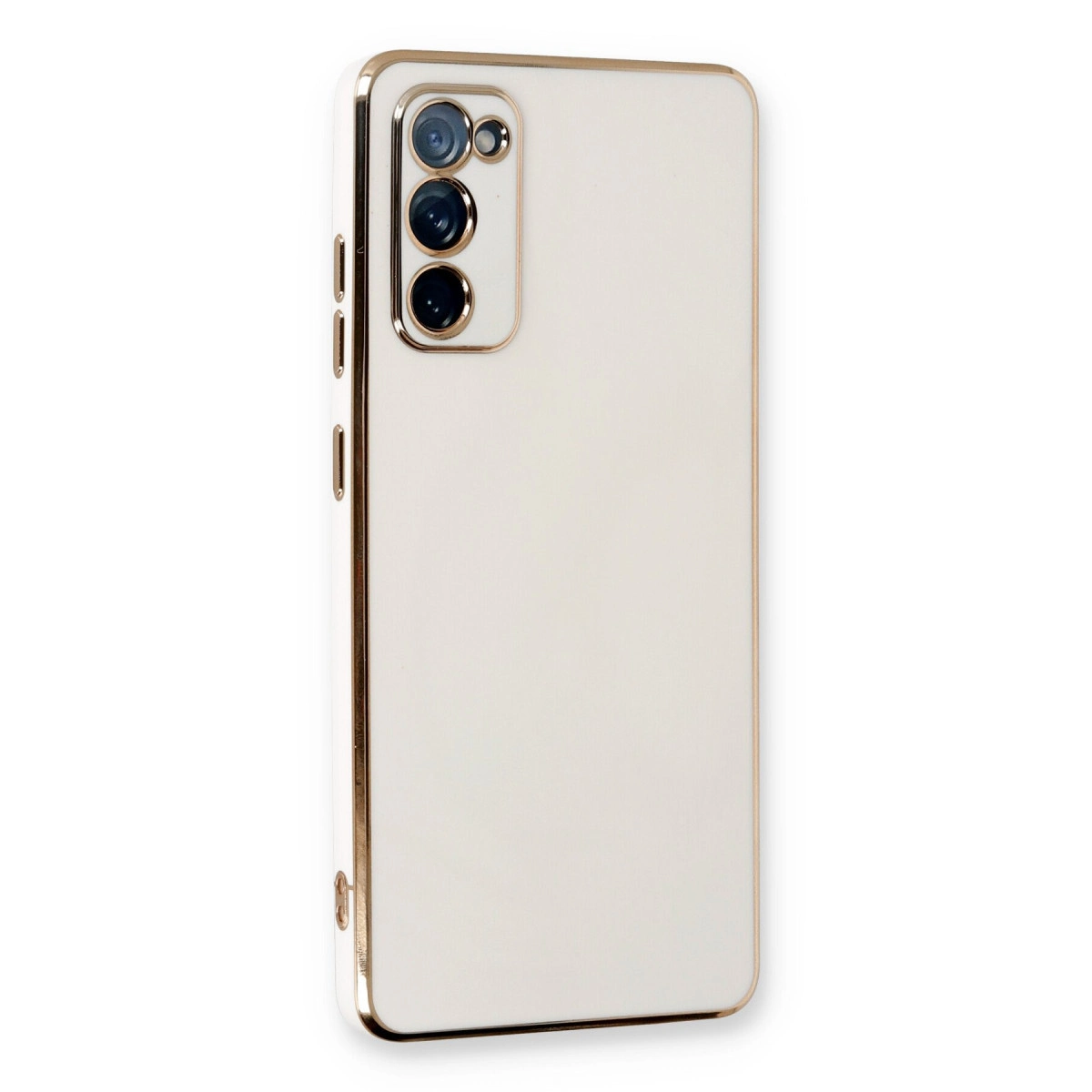 Altın kenarlı ve kamera modüllü krem rengi telefon kılıfı.