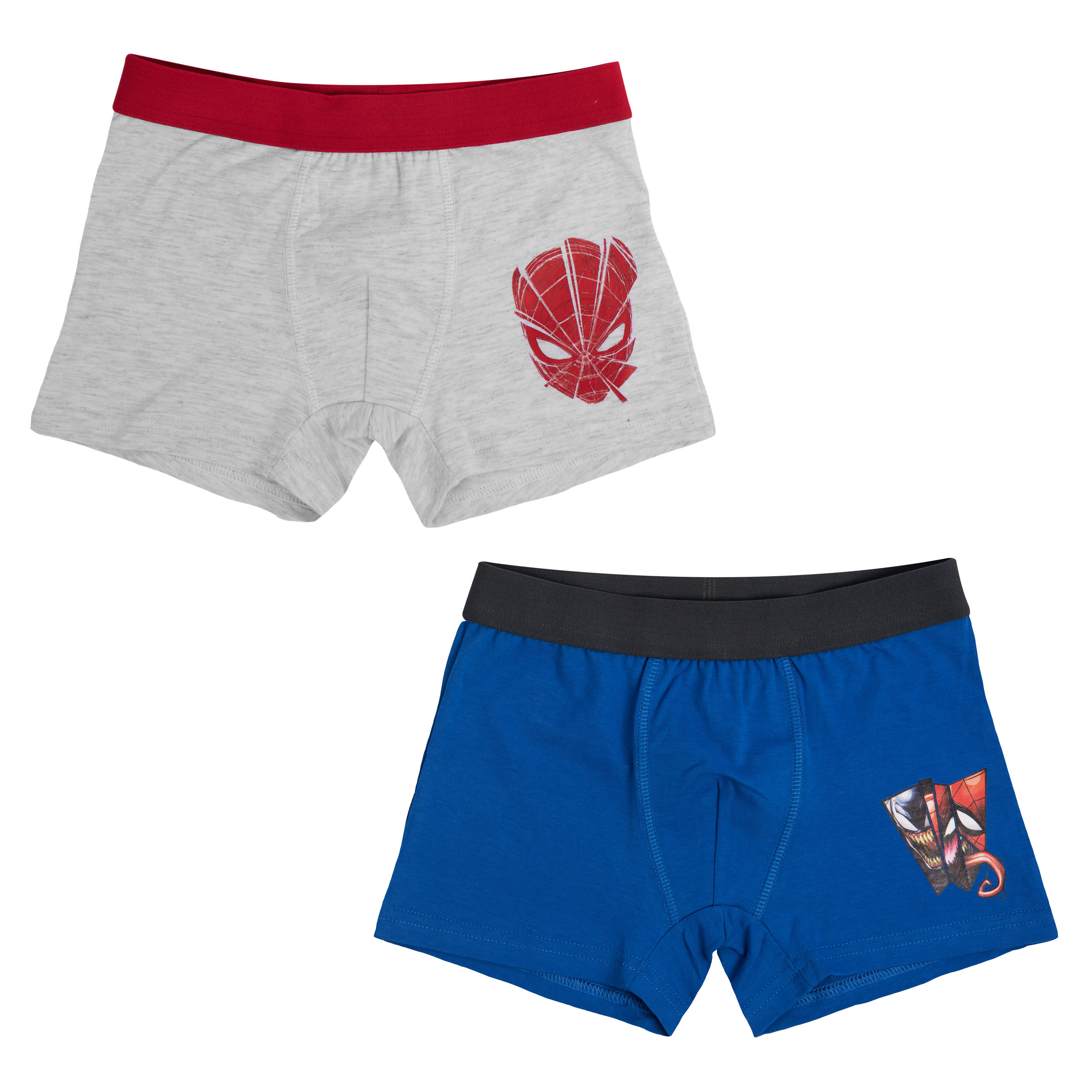 Zwei Kinder-Boxershorts mit Marvel-Motiven: eine graue mit Spiderman, eine blaue mit Venom.