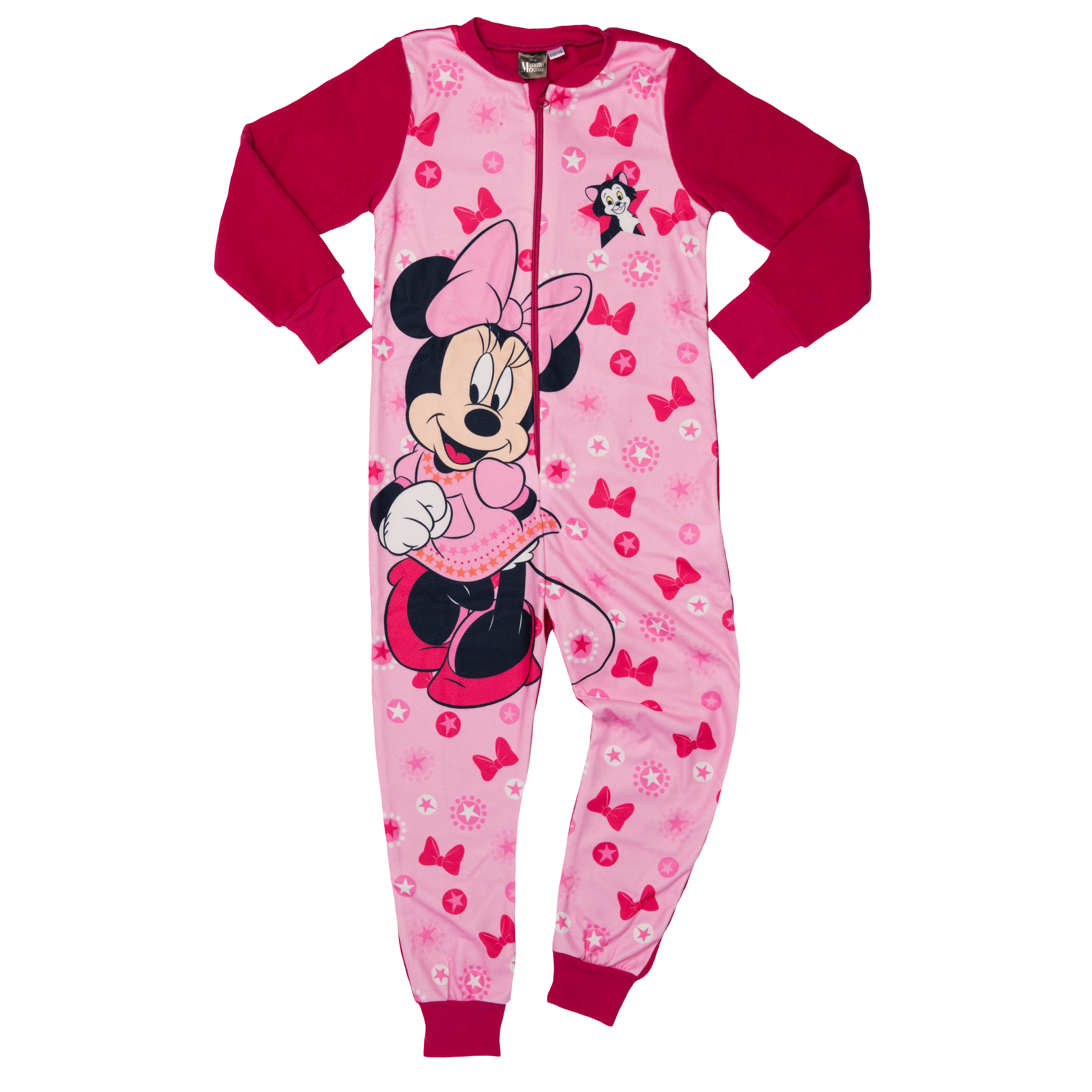 Ein pinker Schlafanzug mit Minnie Maus Motiv und Schleifen.