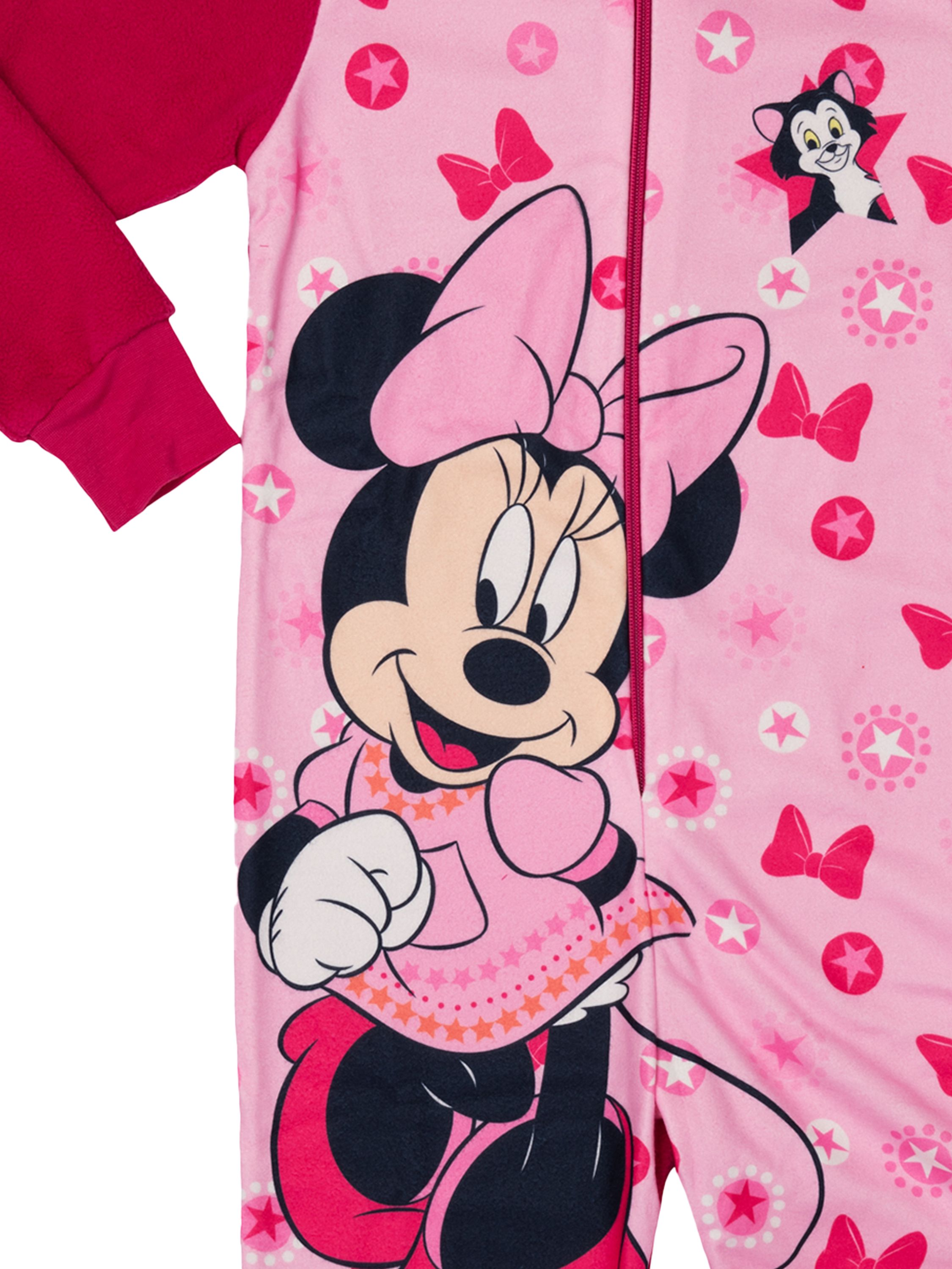 Pinker Schlafanzug mit Minnie Maus und Figaro-Motiv, Sternen und Schleifen.
