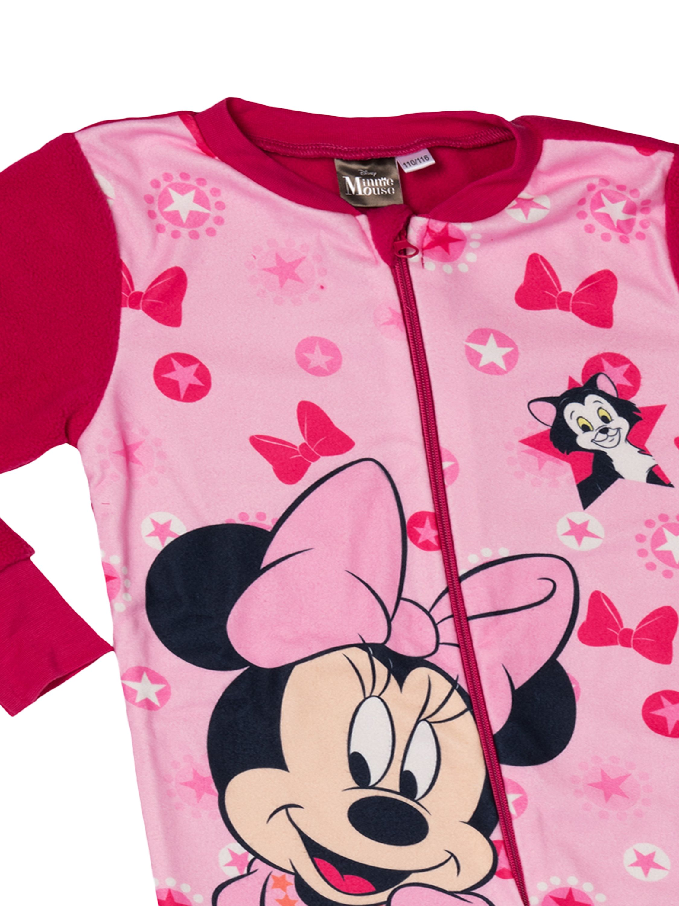Ein pinker Schlafanzug mit Minnie Maus und Figaro, Schleifen und Sternen.