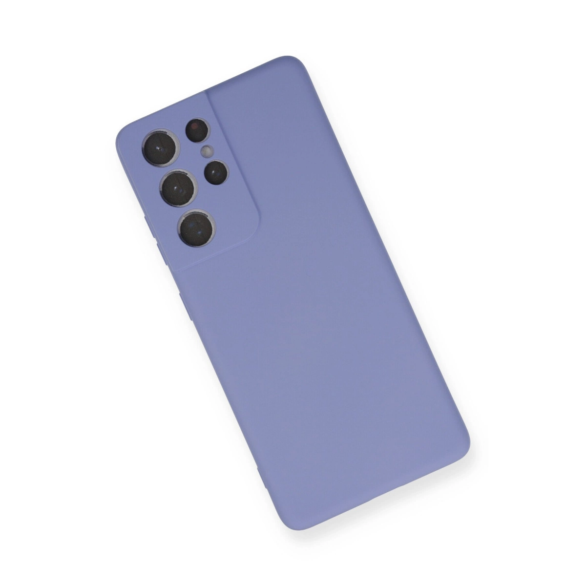 Dört kameralı mor telefon kılıfı arkası, beyaz zeminde.
