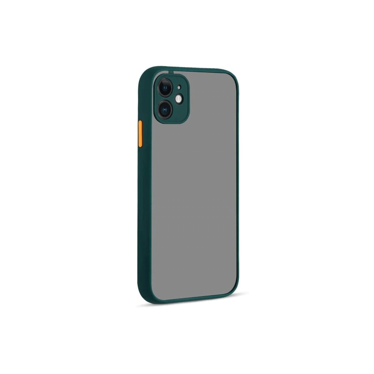 Koyu yeşil telefon kılıfı, gri arka yüzü ve turuncu düğmesi bulunur.
