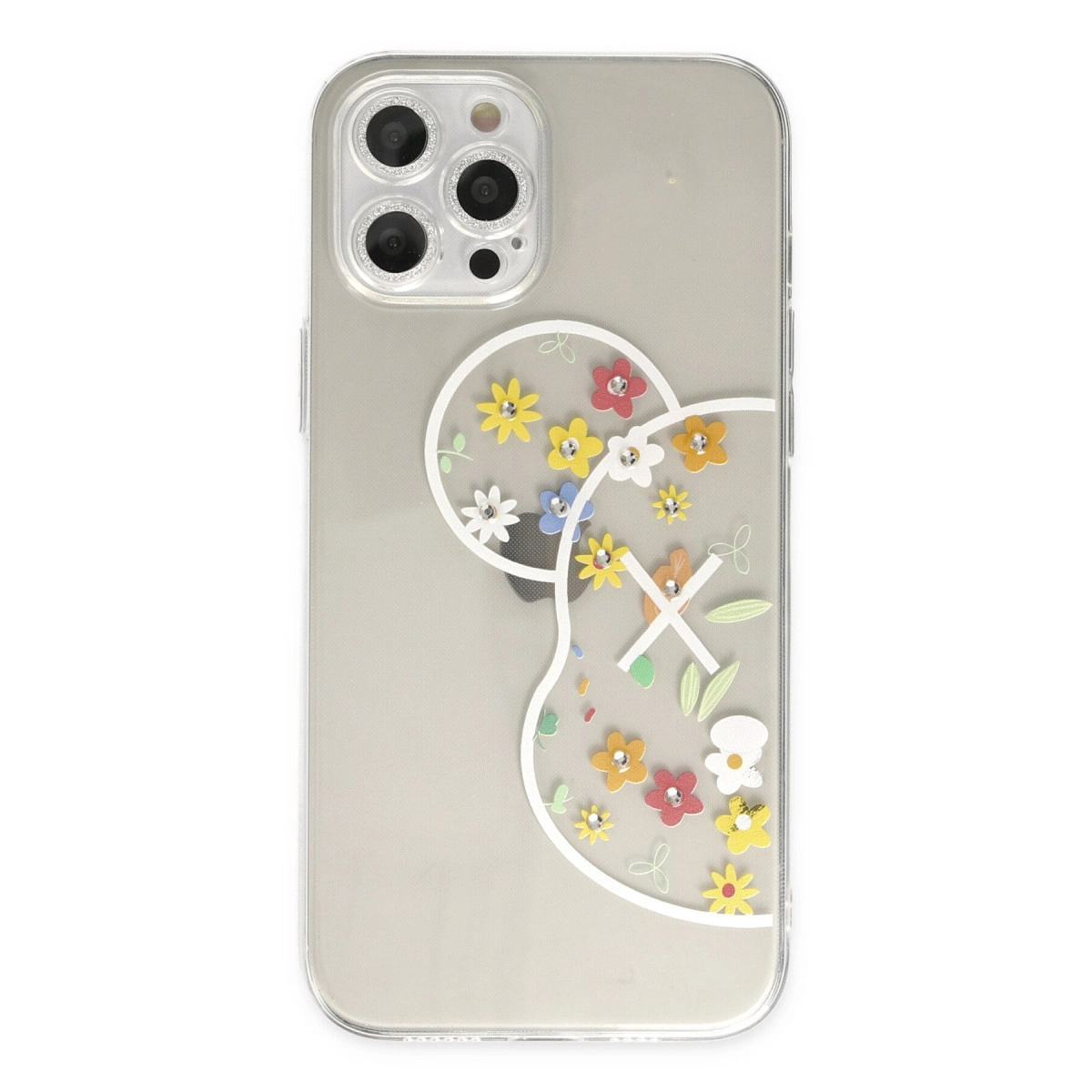 Renkli çiçekler ve taşlarla süslü şeffaf iPhone kılıfı.