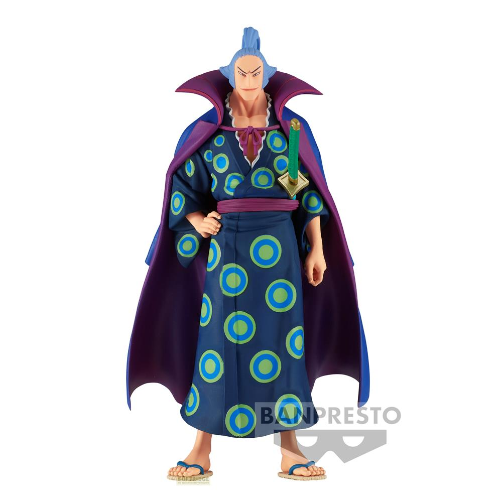 Eine Figur mit blauem Haar, die einen Kimono mit Kreisdruck und ein Schwert trägt.