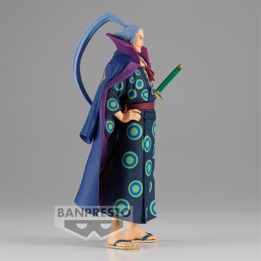 Eine Figur mit blauem Haar und einem Schwert, trägt einen dunklen Kimono mit Kreismuster.