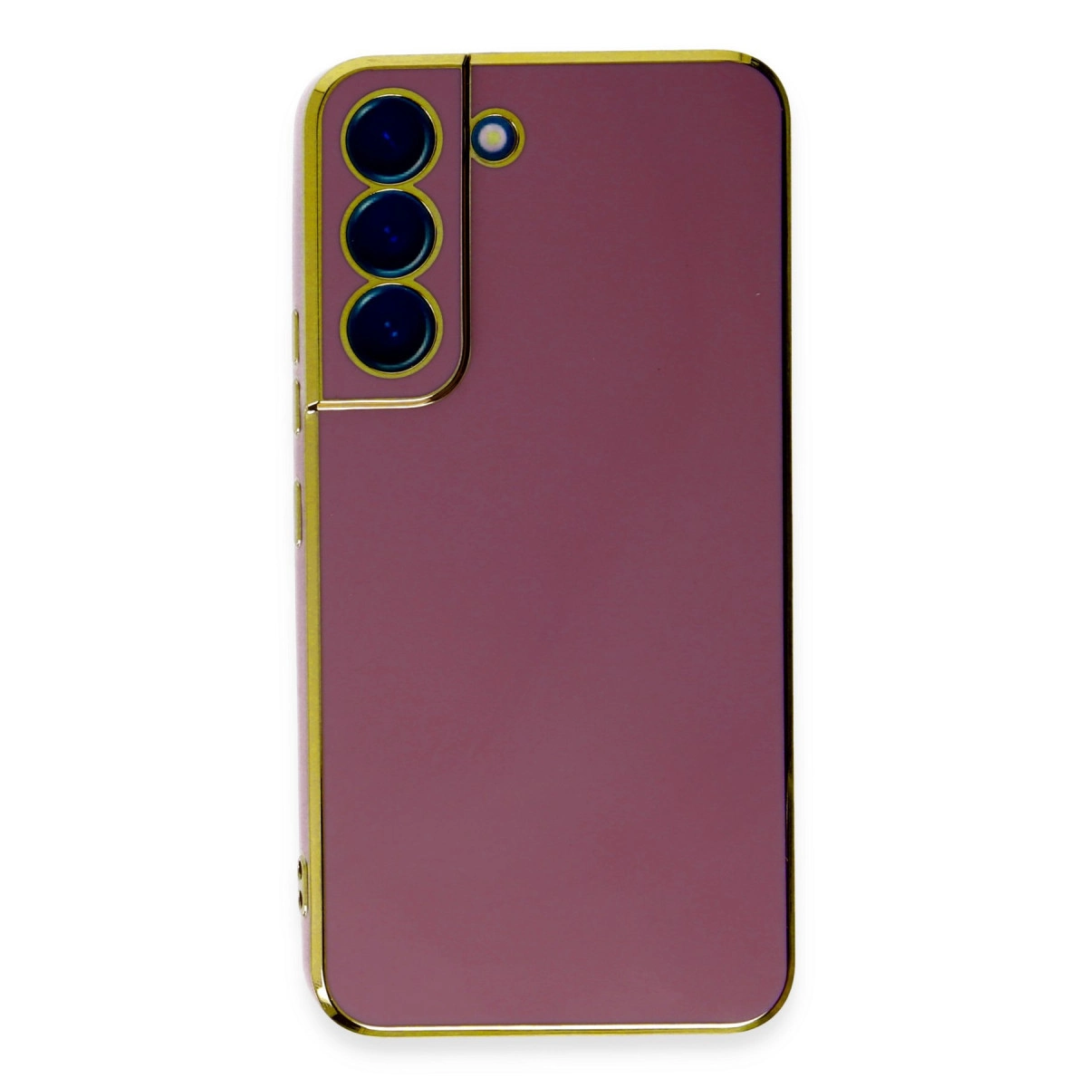 Üç kameralı, altın çerçeveli mor telefon.