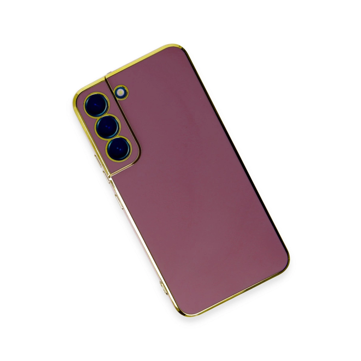 Altın kenarlı, üç kameralı mor telefon kılıfı.